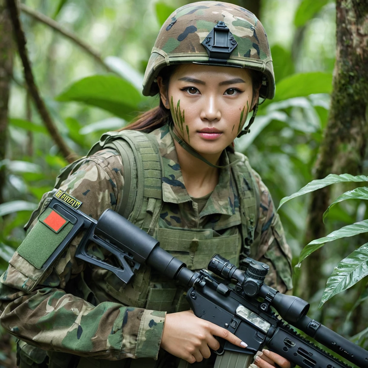 ((Several female soldiers with camouflage paint on their naked bodies:1.5))、Stealth Infantry Combat Group、Invisible female soldiers、The outline of the body is blurred and unclear、He pointed the muzzle of his sniper rifle at me and glared at me.、((Realistic、Real Photo Style))、Dense Jungle、Hiding in the dense jungle、Apply detail paint to face、Assimilating into the jungle、The face and hands are barely visible.。It&#39;s dark because the sunlight doesn&#39;t reach the deep jungle.。