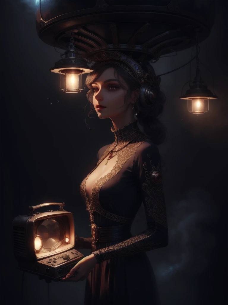 a beautiful woman with a vintage television set on her head, elegant long dress, dreamy gaze, surreal fantasy concept, cinematic lighting, dramatic atmosphere, rich colors, highly detailed, photorealistic, 8K