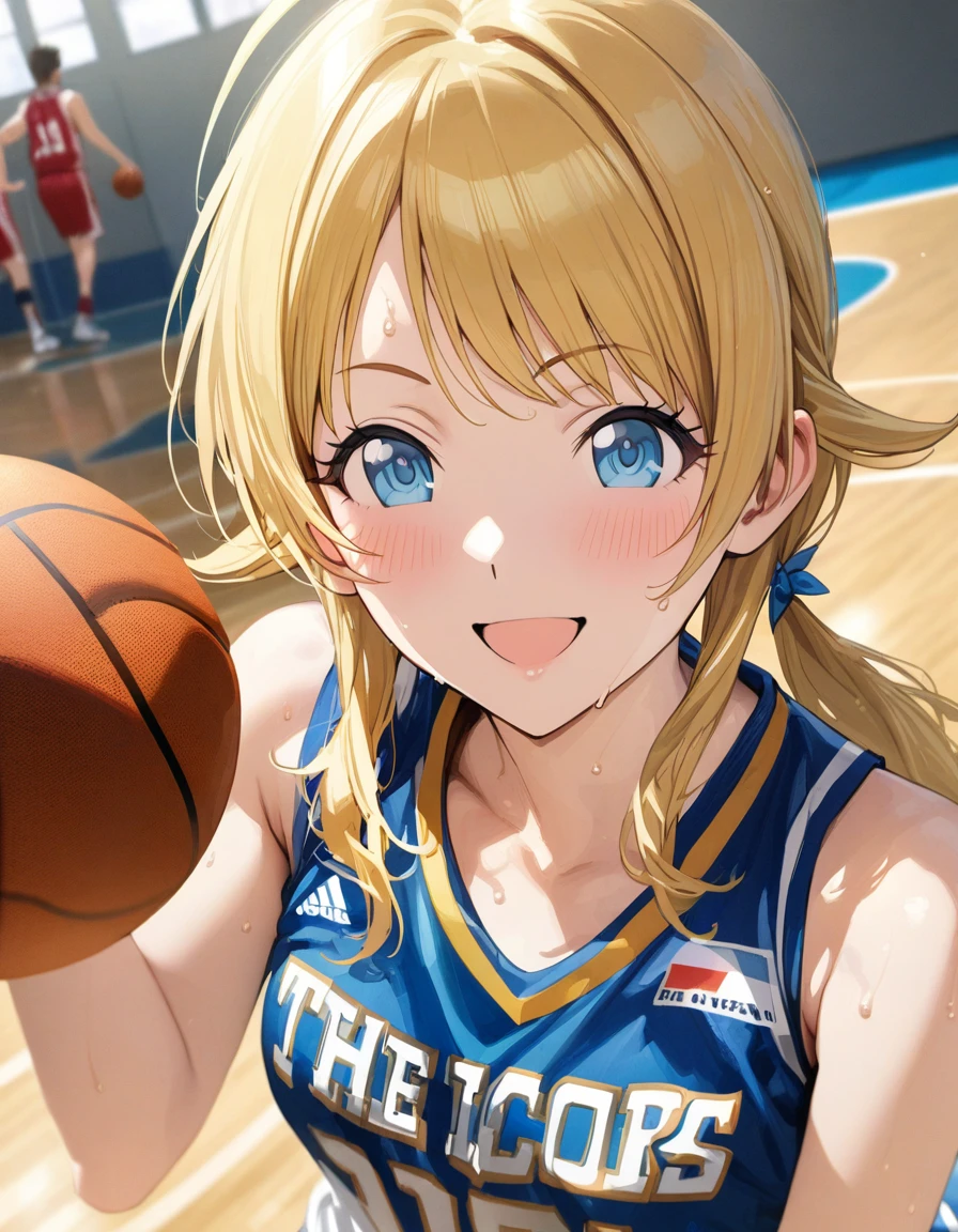 (masterpiece),(Highest quality),(Very detailed),(Best illustrations),(Best Shadow),(Absurd),(Detailed Background),(so beautiful), 4K, 8K,
Official Style,

Meguru Hachimiya, blonde hair, long hair, blue eyes,

the idolmaster shiny colors,
low twintail,
chest,
smile,
blush,
sweat,

basketball uniform,

playing basketball,

Japan,
gym,
Background Blur, 
focus on face,
realistic skin,