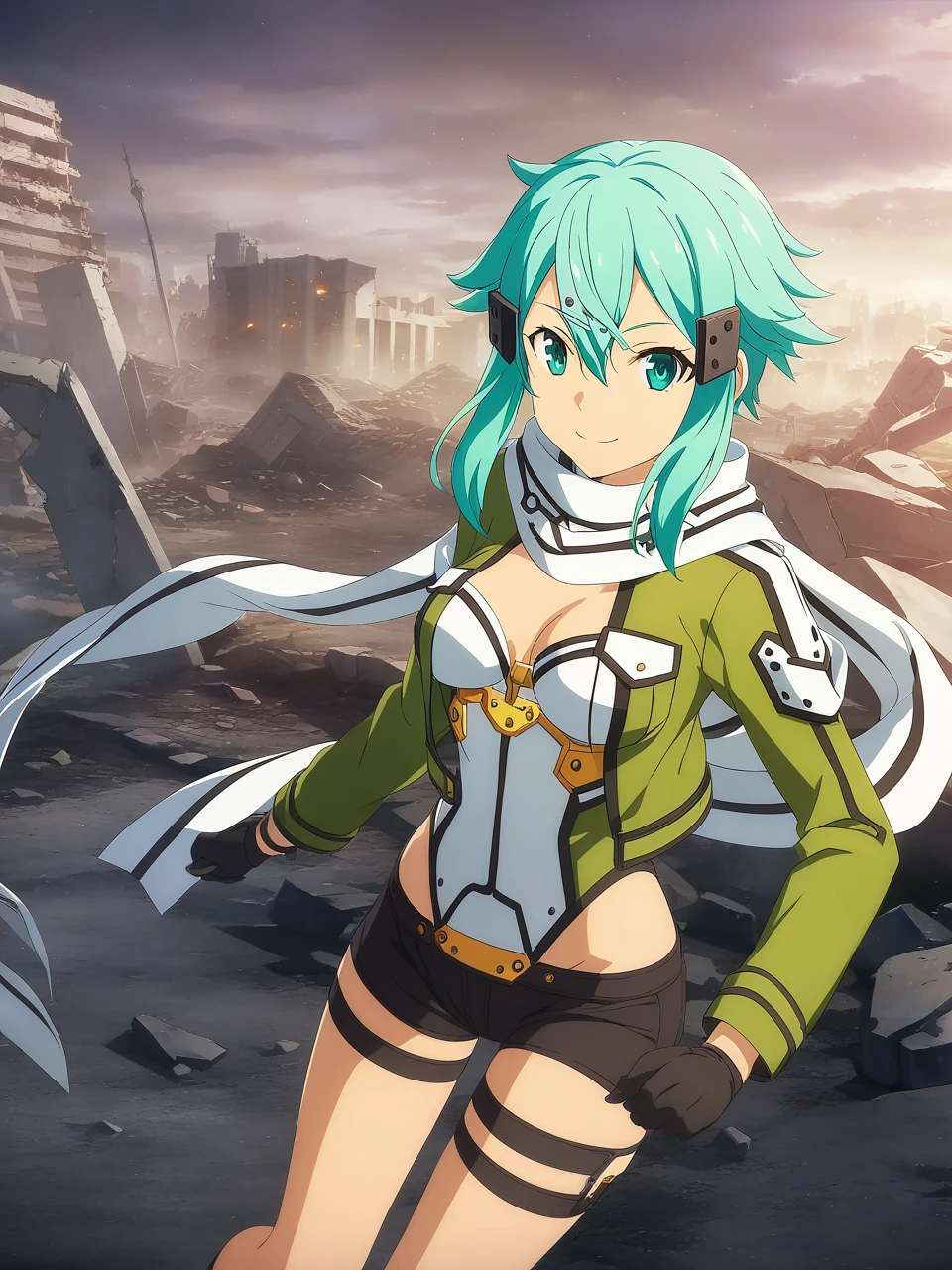 sinonggo, aqua eyes, short hair, aqua hair, sidelocks, hair between eyes, hairclip, hair ornament, green jacket, leotard, scarf, black shorts, gloves, long sleeves, medium breasts, 1girl, solo
BREAK, looking at viewer, full body shot, smile
urban battlefield, ruins, night sky, depth of field, cinematic, game cg, anime screencap, official art, masterpiece, best quality,
