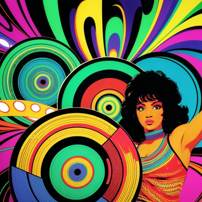 a close up of a woman in a dress with a boomboard, multicolored vector art, lisa frank & sho murase, masterpiece epic retrowave art, 8 0's airbrush aesthetic, phonk music background, vivid colorful comic style, psychedelic color theme, psychedelic art style, synthwave art style, epic retrowave art, retrowave epic art, official artwork