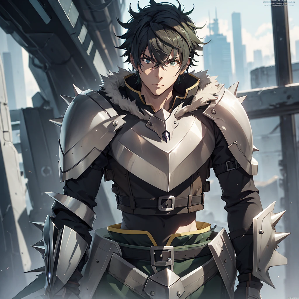 man. silver futuristic armor. dark green spiky hair. brown eyes.