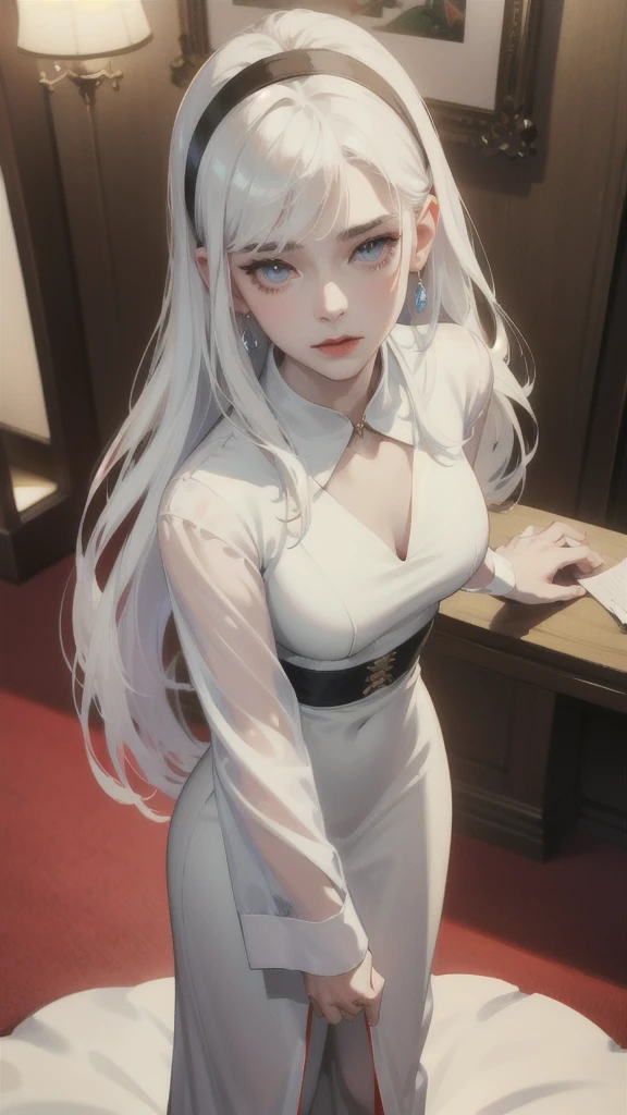 White color blouse，Transparency（6.5），nakeness，Delicate face，largeeyes，tall nose bridge，long eyelasher，long  white hair，White pupils，Orgasmic face，Tears in the corners of the eyes，There is transparent white silk on the legs，