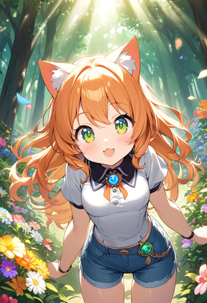 Young girl、Very cute、small、Firm breasts、Denim hot pants、Orange Hair、High quality backgrounds、Forest with sunlight shining through、Colorful flowers、Vision、Cheerful attitude、Cat ears、Cat&#39;s tail