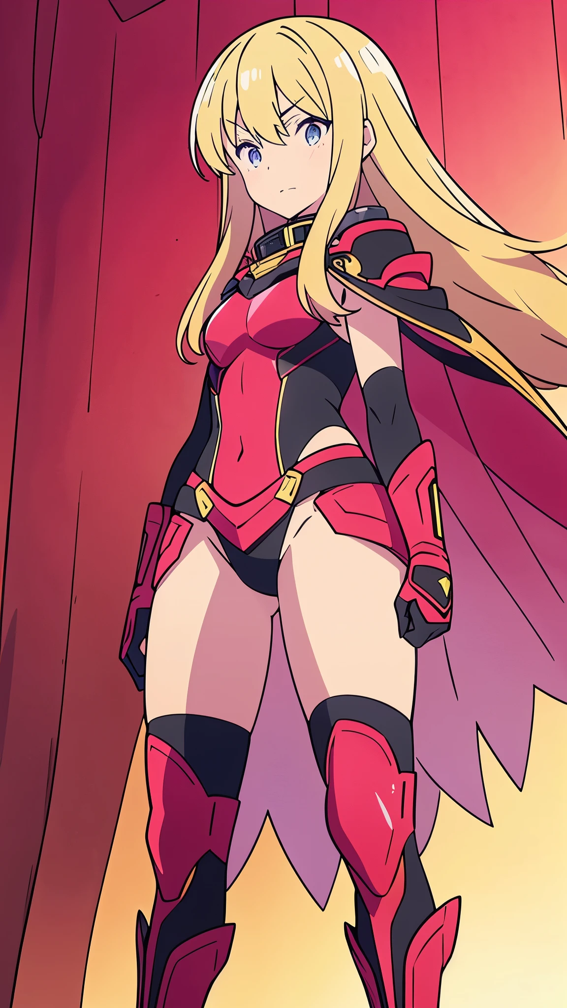 confident expression, long straight blonde hair, black and red outfit with shoulder armor and purple accents, high collar, red cape with jagged edges, pink gloves and boots with yellow details, standing pose, both fists clenched, looking forward, light skin tone, indoor environment with a gradient pink background, warm lighting, direct light from the front, bold and striking atmosphere, front view angle, sharp focus on the character, vibrant colors