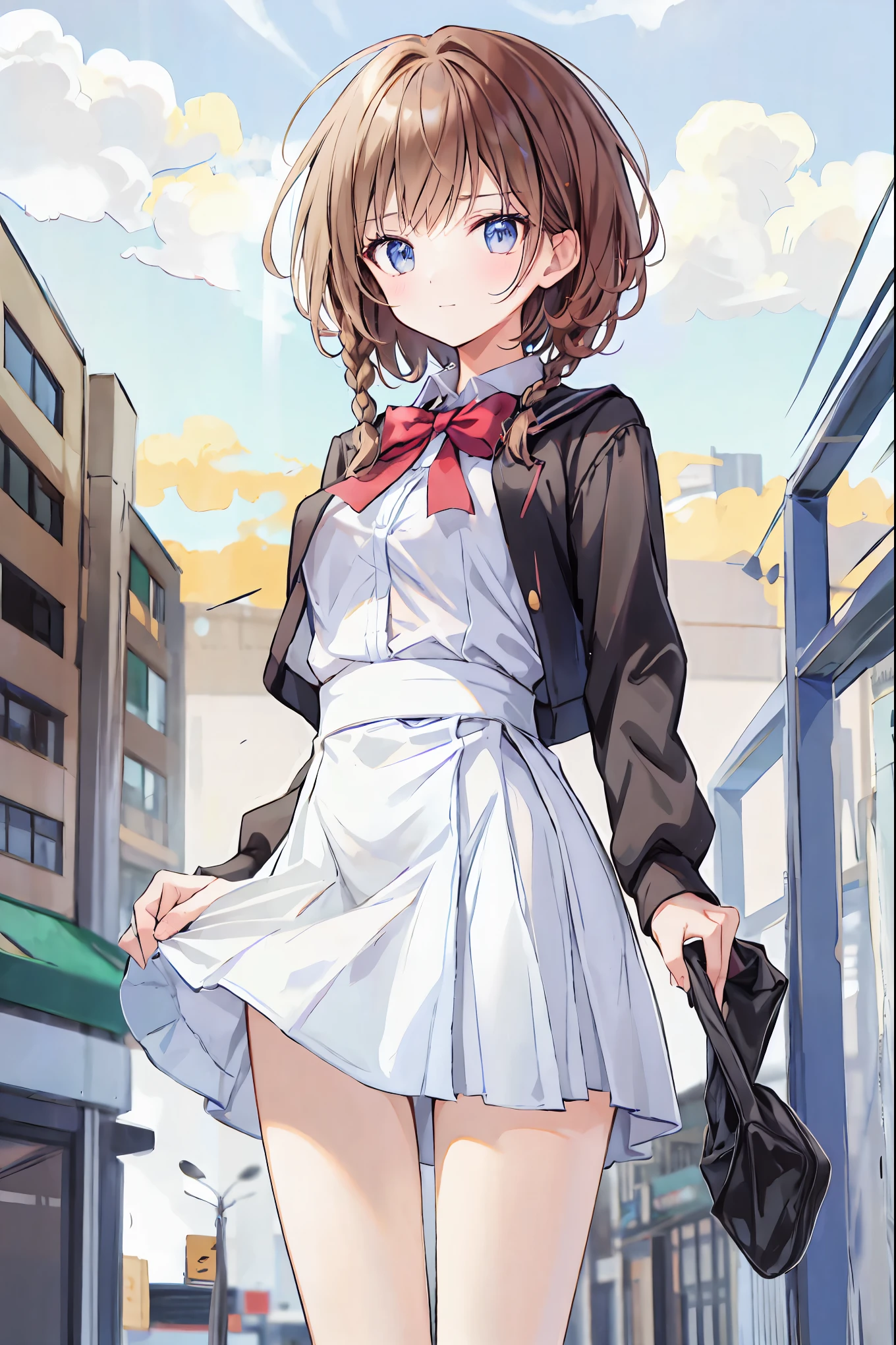 Brown Hair,Shortcuts,Disheveled Hair,Short braided hair,Slender beauty,Positive Attitude,[Small breasts,美しい脚Brown Hair,Shortcuts,Messy Hair,Short braided hair,Neat,Slender beauty,A dignified posture,Small chest,Beautiful feet,Her captivating grey-blue eyes shine like stars,Vibrant colors,Beautiful Eyes,A delicate smile,Textured Skin,The best quality at its best,A kind and beautiful woman,Slender body,Red cheeks,Medium,Slim girl,High school girl,Blazer uniform,Check skirt,White blouse,White knee socks,Card issuance,Head Rope,Run Active