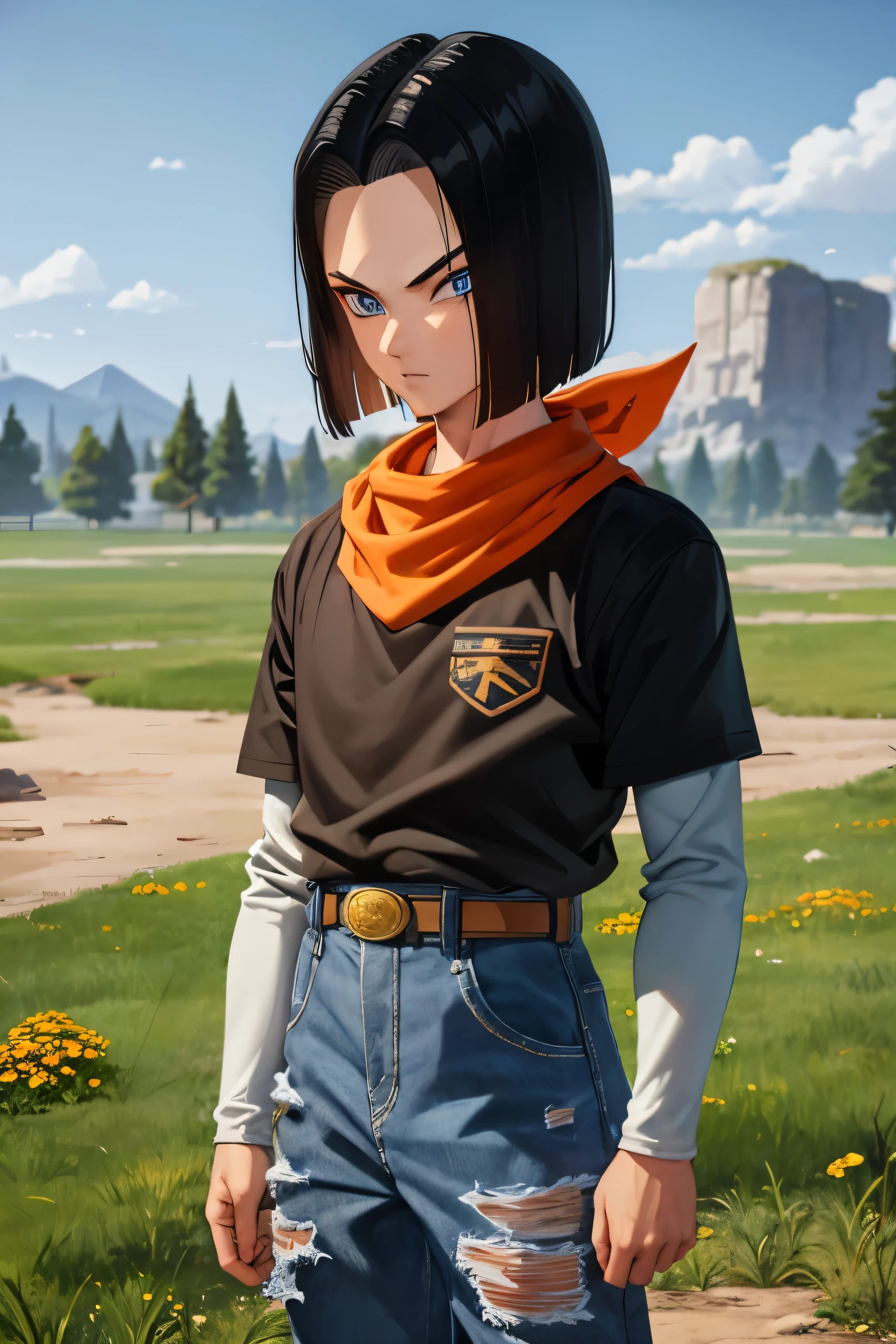 A masterpiece, best quality, detailed and expressive eyes, perfect facial features, high resolution, 1 boy, alone, android 17-inspired boy, (male body:1.3), blue eyes, black hair, parted hair, short hair, black shirt, jeans, layered shirt, white sleeves, orange bandana, blue sneakers, green socks, brown belt, red freckles, outdoor, landscape, standing, portrait, looking at viewer