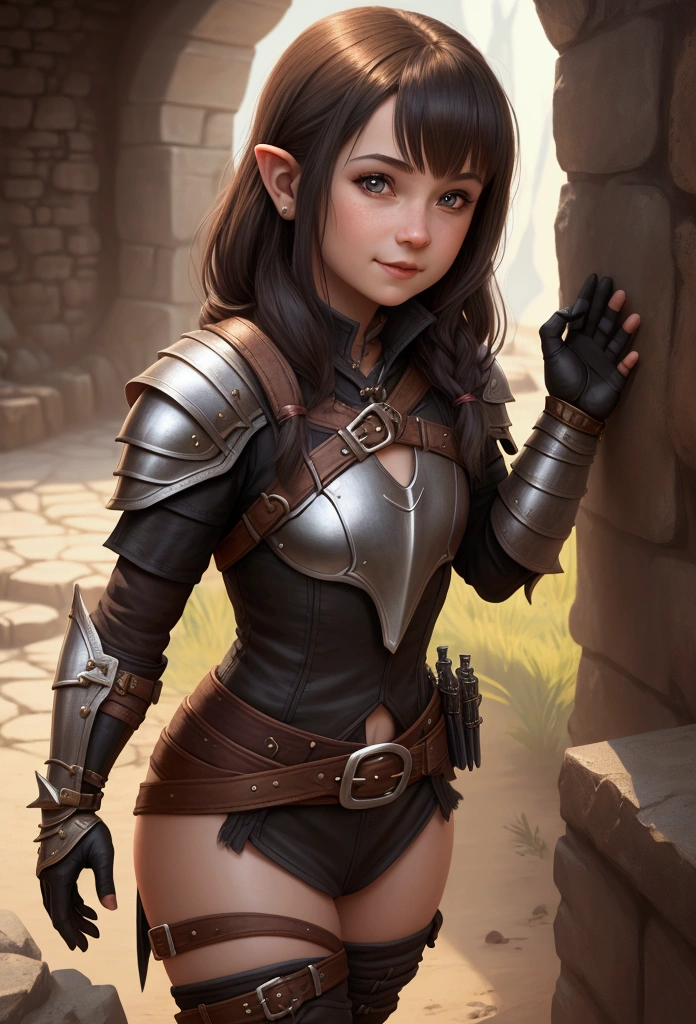 "Complete art masterpiece, high quality, ultra detailed in 4k, 8k, high resolution, hyper-realistic photo, hyper-detailed, realistic skin texture, amazing shadows, extremely detailed texture, perfect lighting, high-level image quality." The female protagonist of a slavic fantasy game, fair skin, Full body, diverse poses, Black leather armor, long black hair, brown eyes, defined face, small breasts, choker, use reference picture as role model, high detailed florest on the background