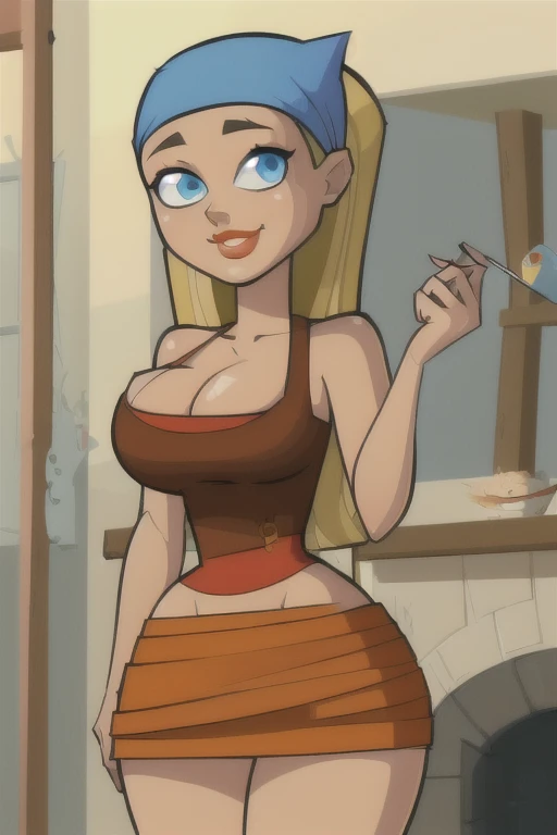 (best quality), (masterpiece), 1 girl, early 20's, huge heavy breasts, thick, thick lips, wide hips, thin waist, Lindsay_Total_Drama, solo, blue eyes, long hair, blonde hair, large breasts, cleavage, bandana, skirt, smiling