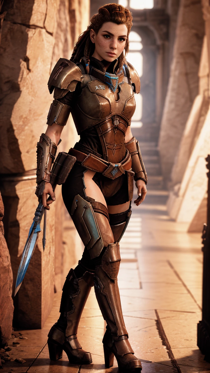 Aloy from horizon forbidden west, short stature, rock climber physique, green eyes, reddish brown hair, braids, hair tubes, hair ornaments, freckles, thick eyebrows, BREAK: wearing makeshift armor, ((wearing salvaged parts of N7 armor)), (armor detail text reads "NY"), wearing flat heeled boots, ((holding an omni-blade shaped like a spear)), BREAK: excited expression, detailed eyes, beautiful lips, intricately detailed hands, best hands, perfect hands, BREAK: 8k, absurdres, award-winning game art, promotional art, strong details in everything, sharp shadows, studio lighting, BREAK: interior of techno ruins, contrapposto stance, in various fighting poses, BREAK: HFWAloy, N7armor, omniblade