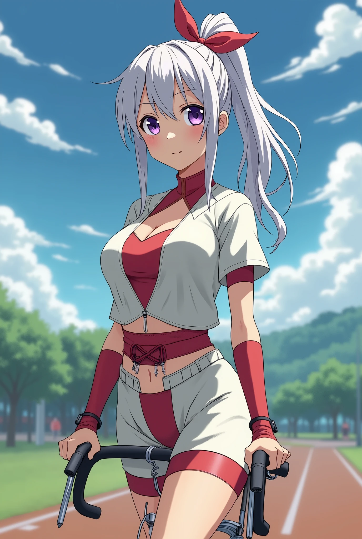 (masterpiece, best quality, ultra-detailed), 1girl, purple eyes, blonde hair, dark skin, twintails, looking at viewer, sitting, grass trees