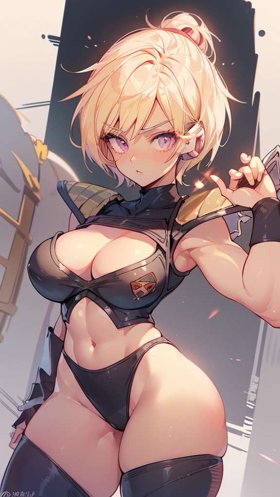 1girl, A blonde girl with muscular body and arms, six pack abs,saiyan stance , short  hair, thick eyebrows, thick eyeliner, raising right eyebrow, eyelashes , lip filler, toriyama akira, serious expression,Saiyan Scouter, Saiyan_Scouter, scouter, saiyan armor, tinted eyewear, special forces, ki aura