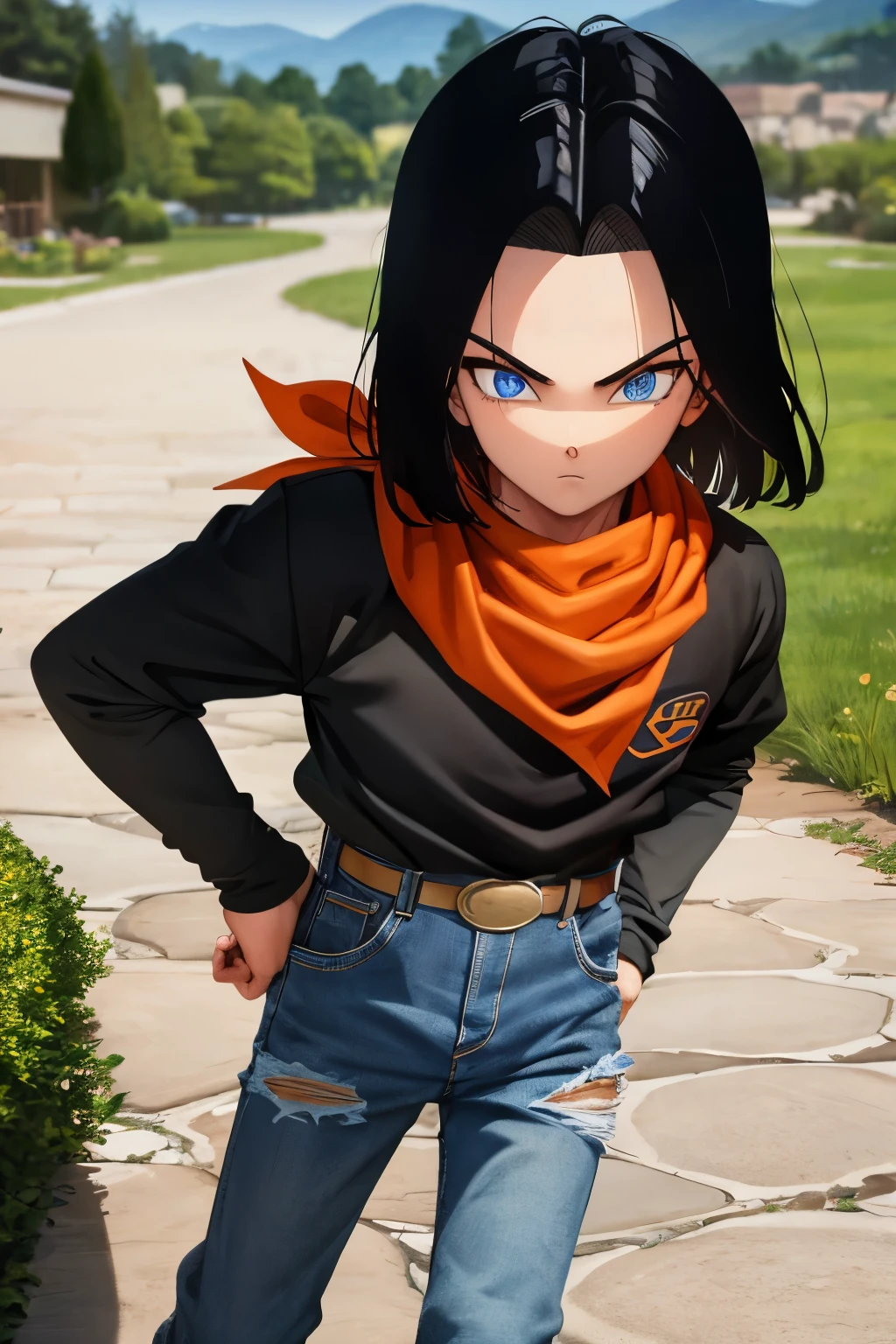 A masterpiece, best quality, detailed and expressive eyes, perfect facial features, high resolution, 1 boy, alone, android 17-inspired boy, (male body:1.3), blue eyes, black hair, parted hair, short hair, black shirt, jeans, layered shirt, white sleeves, orange bandana, blue sneakers, green socks, brown belt, red freckles, outdoor, landscape, standing, portrait, looking at viewer