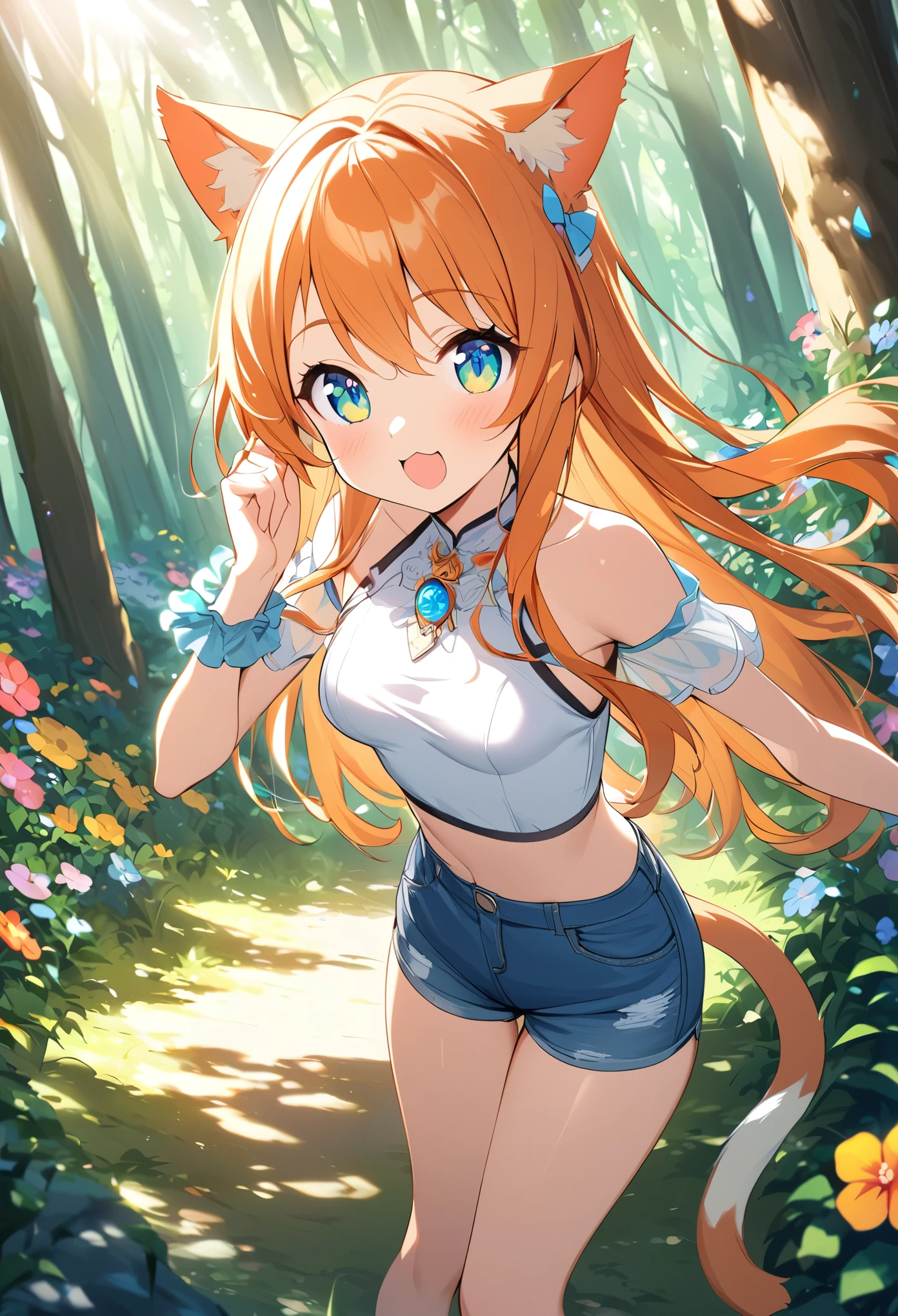 Young girl、Very cute、small、Firm breasts、Denim hot pants、Orange Hair、High quality backgrounds、Forest with sunlight shining through、Colorful flowers、Vision、Cheerful attitude、Cat ears、Cat&#39;s tail