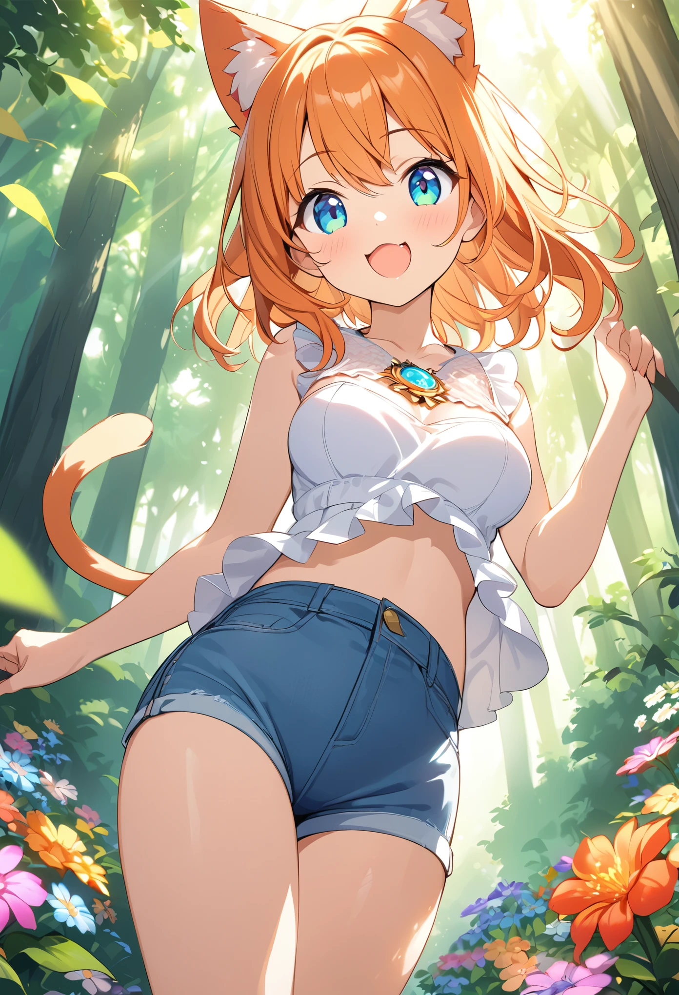 Young girl、Very cute、small、Firm breasts、Denim hot pants、Orange Hair、High quality backgrounds、Forest with sunlight shining through、Colorful flowers、Vision、Cheerful attitude、Cat ears、Cat&#39;s tail