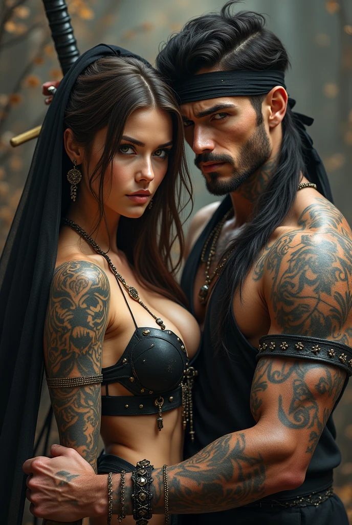 A male and a female pirate having intercourse while shirtless