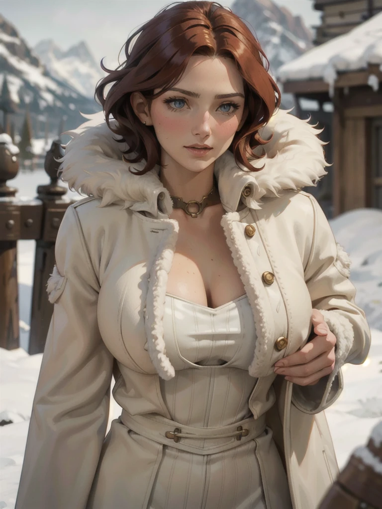 steampunk woman, short curly red hair, ivory fur coat, detailed face, early morning, snowy mountains, depth of field, blurry background, [[Sansa Stark]],[[Erin Heatherton]],[[Kate Beckinsale]]
