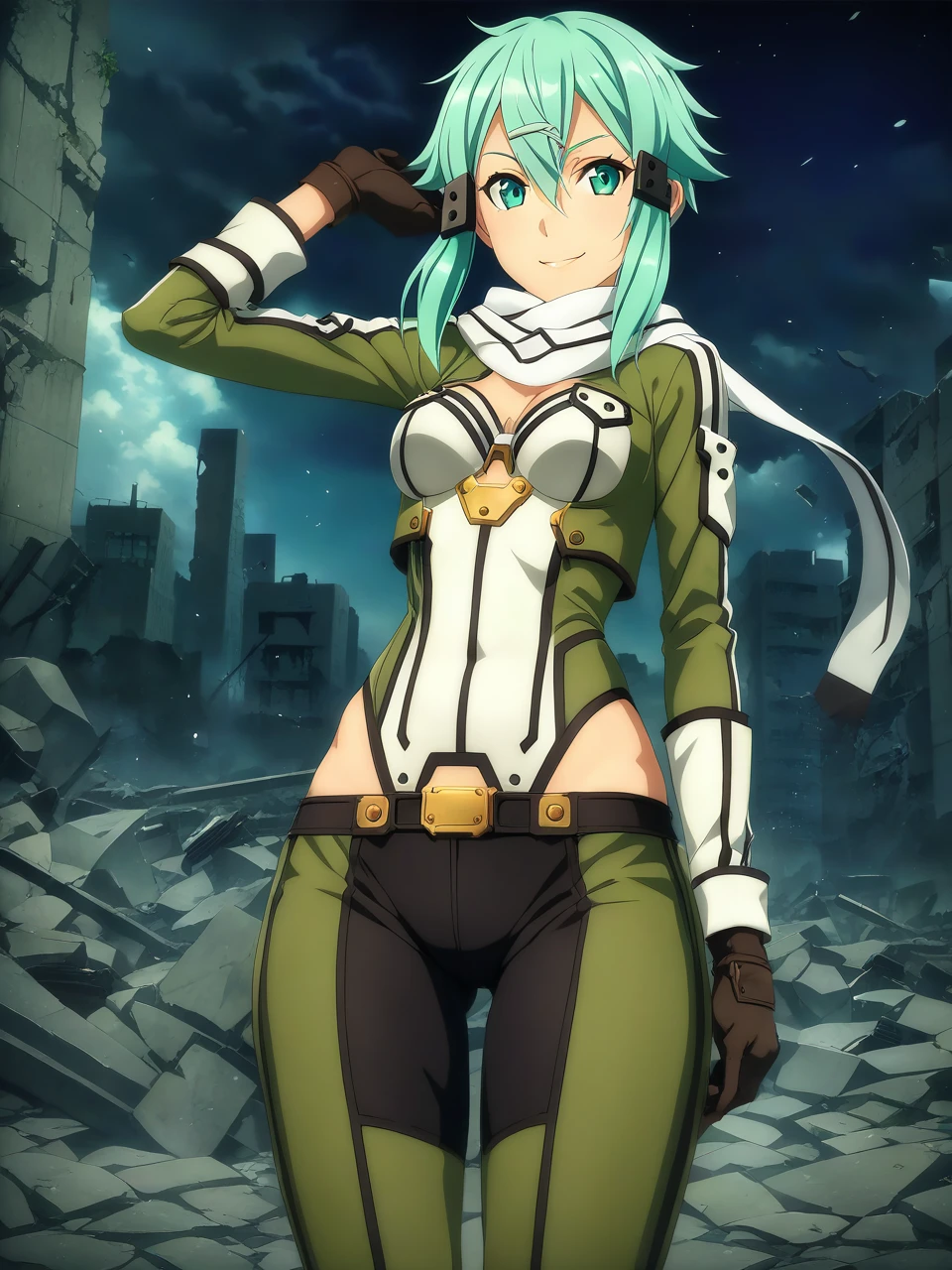 sinonggo, aqua eyes, short hair, aqua hair, sidelocks, hair between eyes, hairclip, hair ornament, green jacket, leotard, scarf, black shorts, gloves, long sleeves, medium breasts, 1girl, solo
BREAK, standing, looking at viewer, full body shot, smile, pulling pants down
urban battlefield, ruins, night sky, depth of field, cinematic, game cg, anime screencap, official art, masterpiece, best quality,
