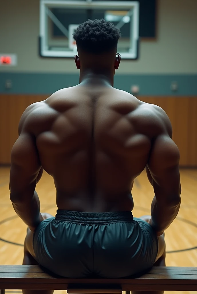 Black men squatting with a huge butt in tight grey sweatpants, huge bulge, in gym, big cock, wet stain near crotch area of sweatpants, huge pecs, shirtless, huge muscles, 6 pac, tall, back side