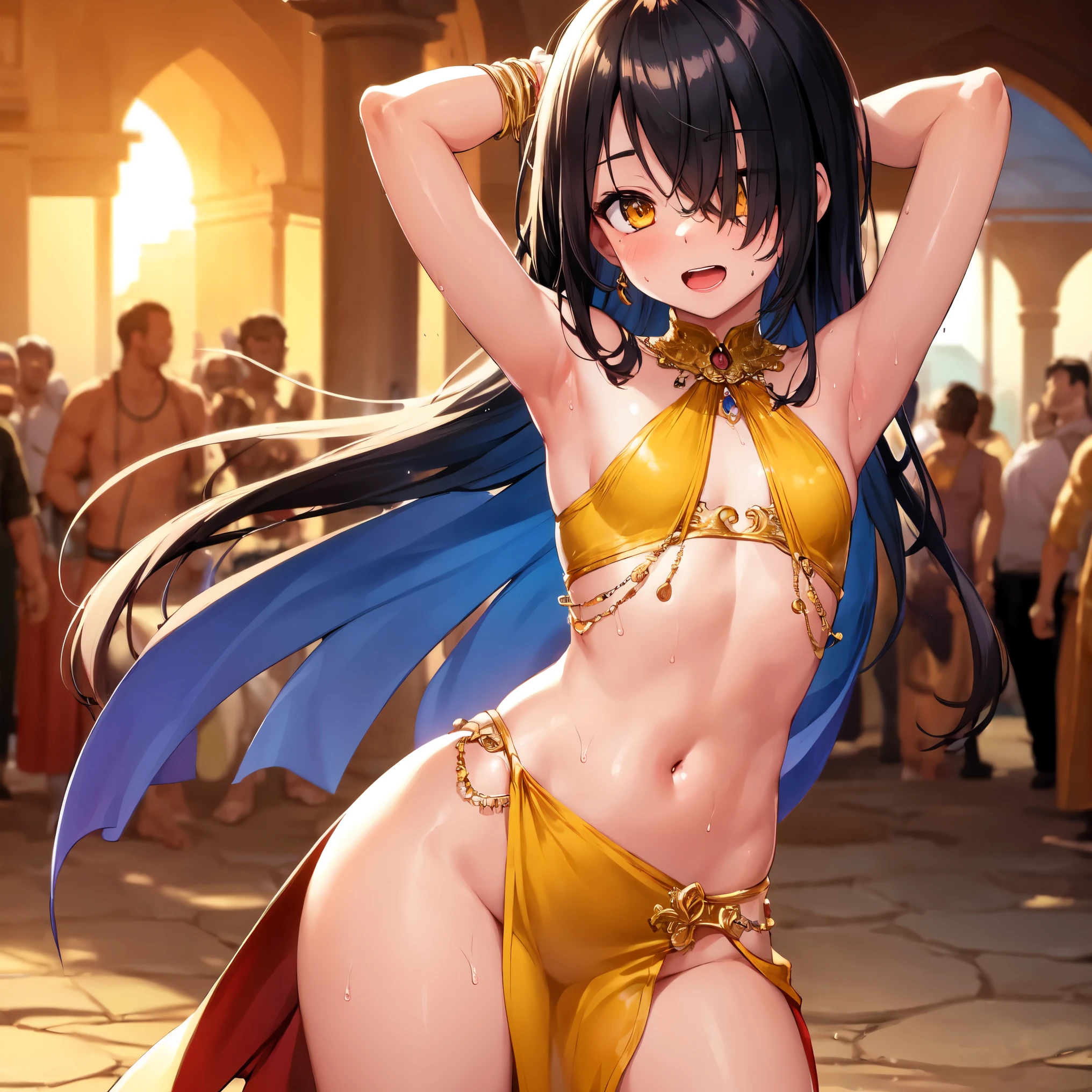 An illustration,masterpiece,girl,black hair,fine eyes,cleavage,small breasts,(erotic face),cabaret club,(vip room),Hostess,red backless dress,(show your back),(look back),bare shoulders,((whole body:1.3)),((black high heels:1.1)),brown eyes,(small sparkling earrings),Mouth closing,{Depth of bounds written},(particles of light:1.1)