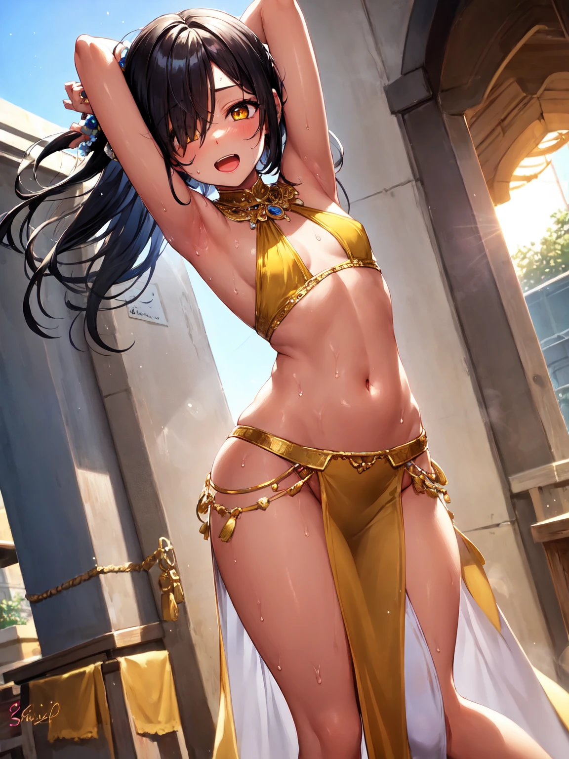 Top Quality, 1girl\(nsfw\), super detailed skin, (horse ear\(left ear\)\(earring\), pool, 30 old year, beautiful face, sweat
looking at viewer、
skin(dark skin:1.7)、(abs:0.3)、navel、stomach、linea alba、slender、gleaming skin、
(squatting)、(spread legs)、arched back
(from side)、(fullbody)、small face、collarbone、(tall)、narrow waist、
ponytail、flipped hair、black hair、middle hair、long hair、
micro bikini\(transparency\), (multi strapped bikini),
necklace (small), choker (neck), earrings, arms, bracelet small,
embarrassed look, eyes \ (fishing eyes \), upper eyes,
middle chest, (underboob), sideboob, cleavage, tattoo \ (shoulder \)\(chest)\, (pointy breasts),
(flat ass)、(hip bones)、(horse\(tail\))、
thighs \ (thin \),
sandals