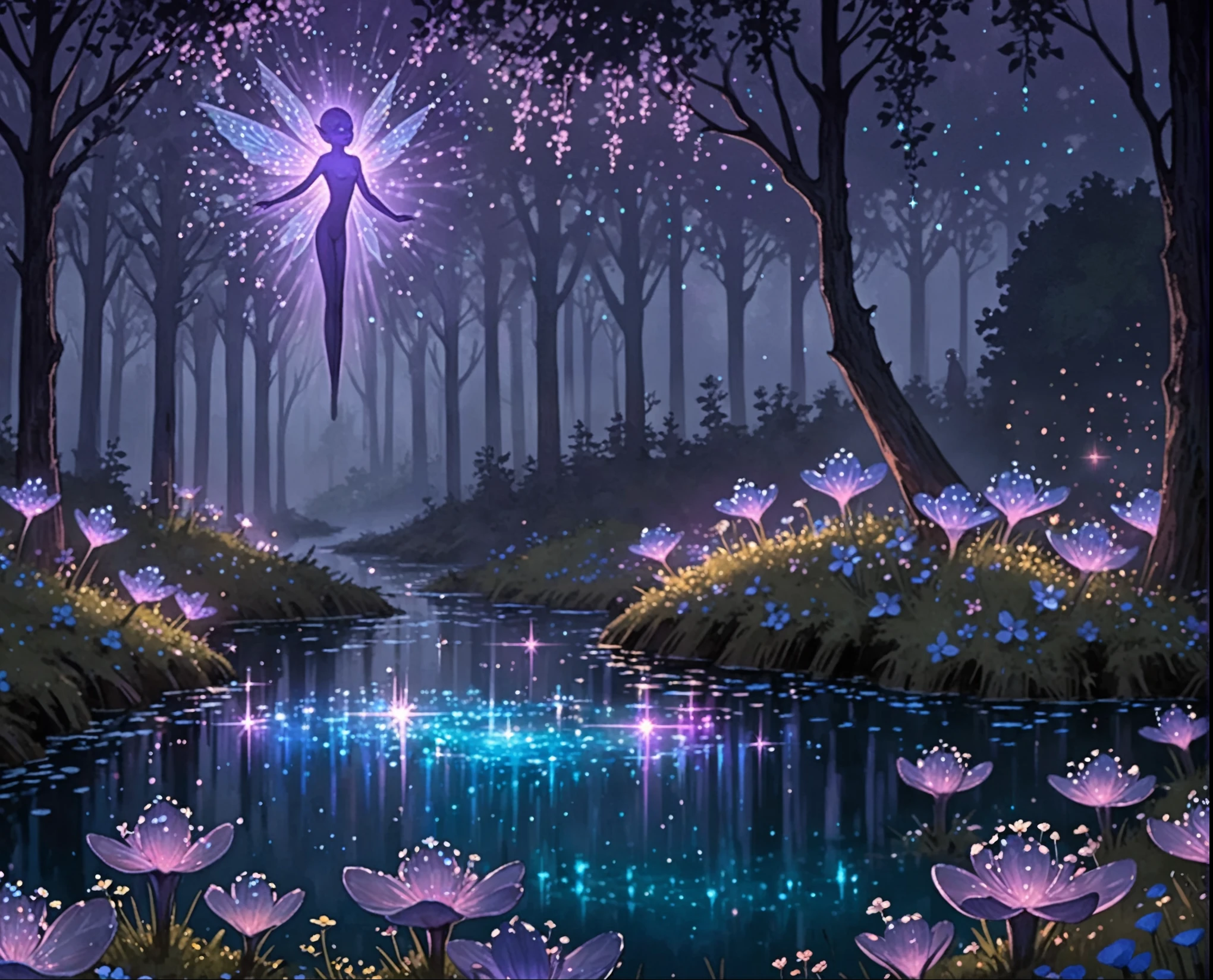 (masterpiece:1.2), (best quality:1.2), very aesthetic, newest, scenery,beksinski,nature, dark forest with small creek and tiny wildflowers, bokeh, volumetric light, iridescent light, glowing flowers, iridescence, shimmering, light particles, light rays, wind, dsmile, sparkling pond, glowing crystals,fairy,cool blue and violet iridescence