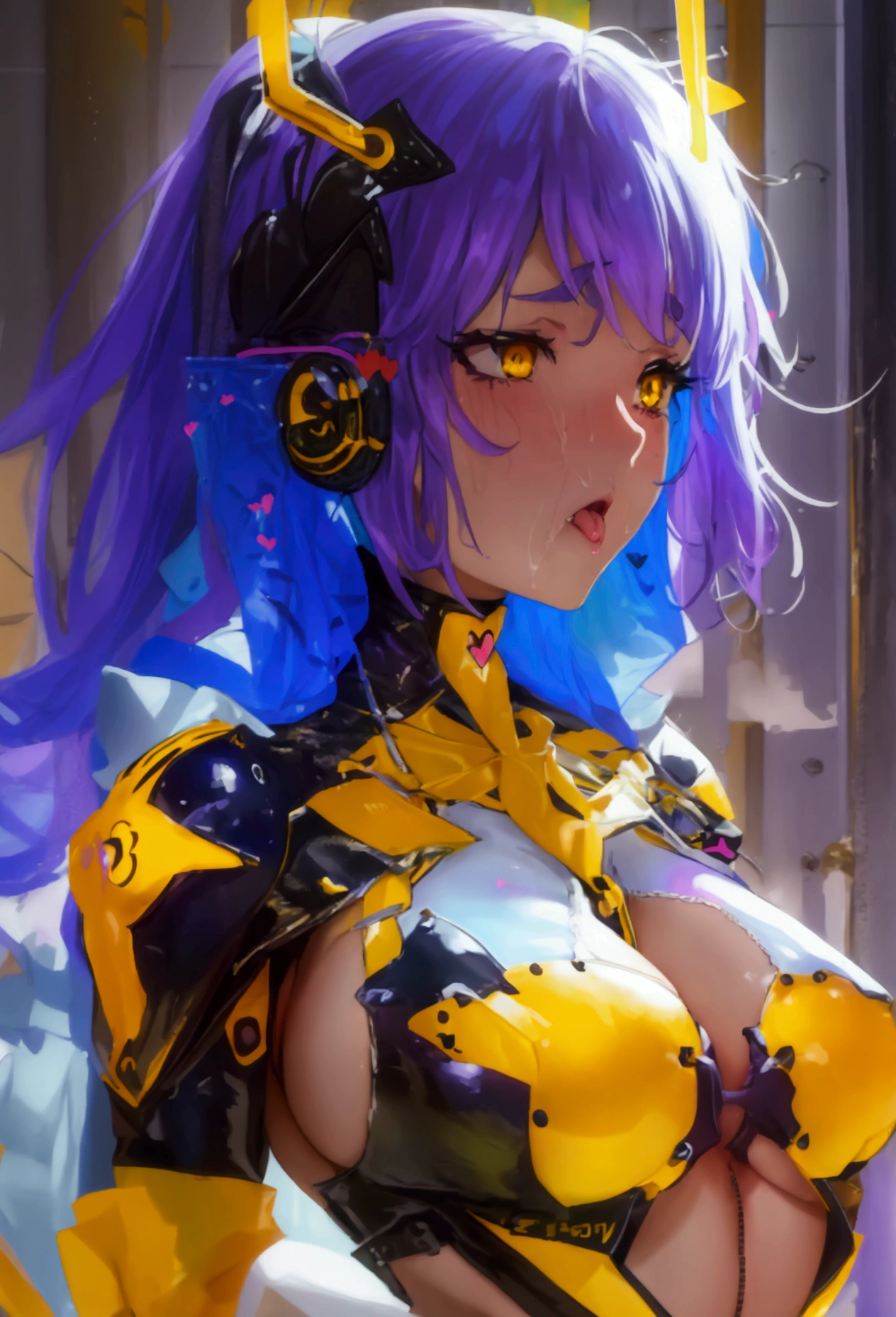 (masterpiece:1.1), (realistic:0.8), 1girl, robot, (pale purple hair:1.2), small breasts, laboratory, (glass cultivation tank filled with blue liquid:1.1), (upper body:1.1)