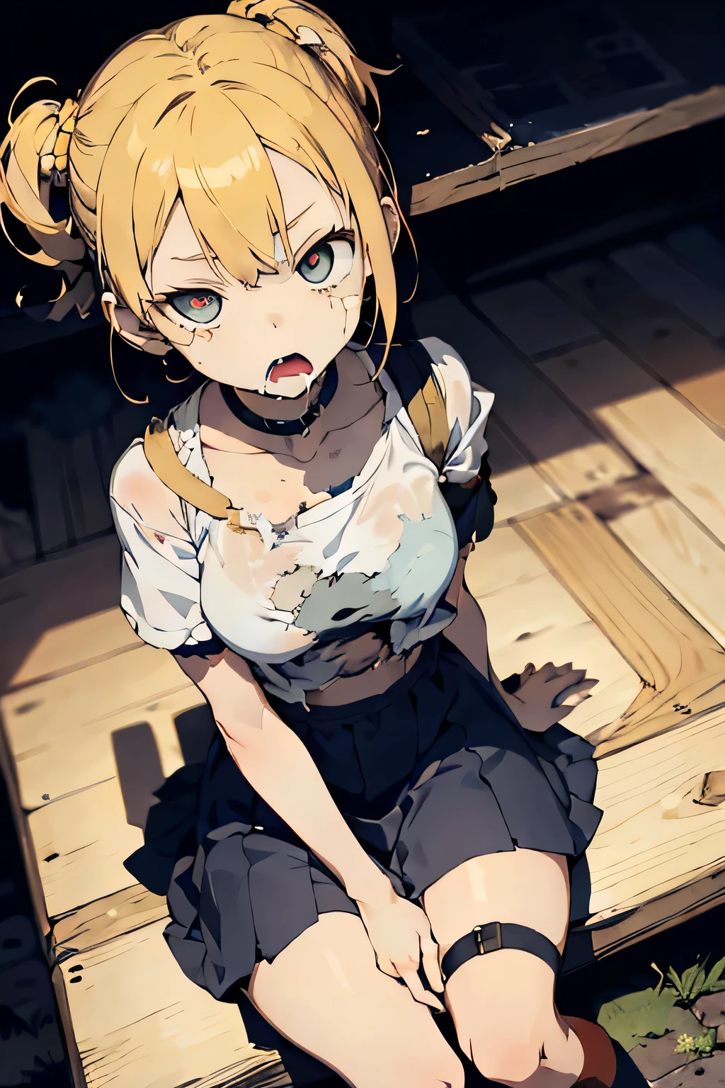 masterpiece, best quality, best quality, masterpiece, highres, focus, anime style, 1girl, short, very young, immature figure, visible ribs. blonde hair, gray eyes, clouded eyes, sitting on knees, vacant expression, drooling, looking up, torn clothes, medieval setting, zombie, medieval clothes