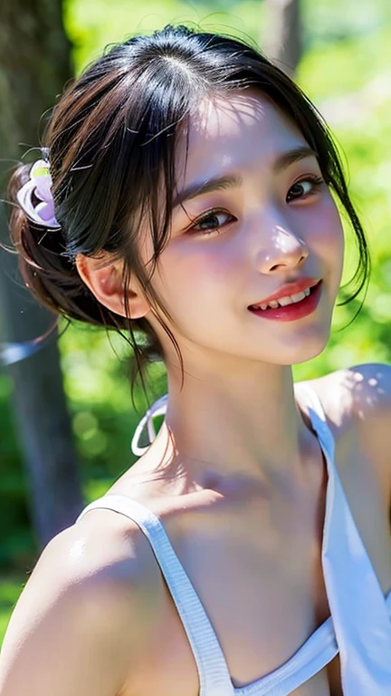 Selfie, (Photoreal: 1.4), (Image enhancement: 1.4), ( Top quality real skins: 1.4), 20-year-old, asian girl, dressed warmly, australian forest scene, smile, standing, night time, close up, hands hidden, Selfie テーブルトップ, Highest quality, figure, Super detailed, In detail, High resolution, 8k wallpaper, Perfect dynamic composition, Beautiful attention to detail, Bikini, Medium chest,Please place your hand on your chest