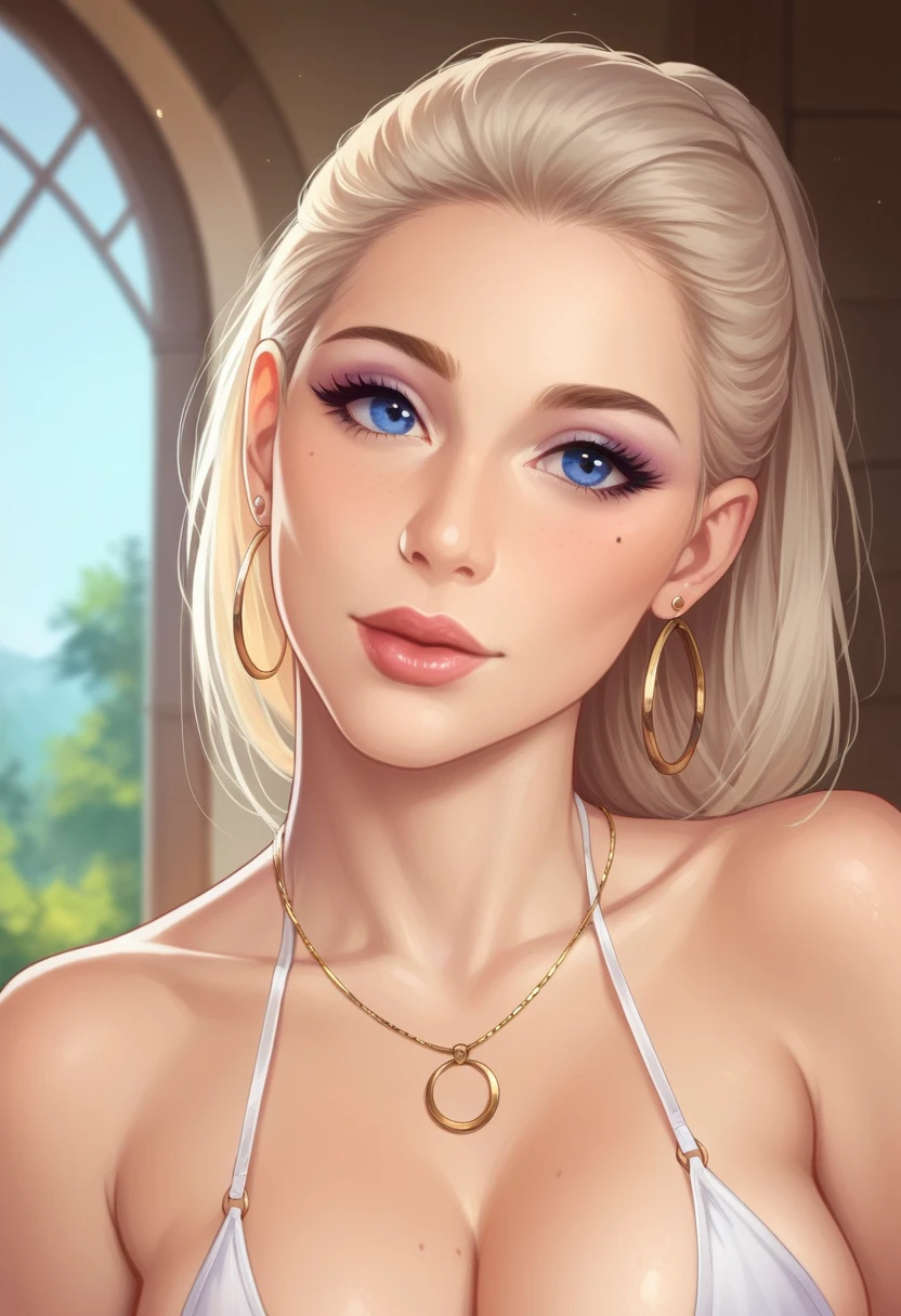 ((ultra quality)), ((tmasterpiece)), gnome girl, Short stature. ((matalic-silver hair, hairlong, braided)), (silver ear rings), (silver necklace around the neck), (Beautiful cute face), (beautiful female lips), Charming, ((sexy facial expression)), is looking at the camera, eyes are slightly closed, (Skin color: white), Body glare, ((detailed beautiful female eyes)), ((dark blue eyes)), (juicy female lips), (beautiful female hands), (A bit full figure, bun), ((perfect female figure)), perfect female body, Beautiful waist, Gorgeous hips, Beautiful large breasts, ((Subtle and beautiful)), seductively worth it (Rear view) (close-up of the face), (wearing a short, tight, yellow antebellum sundress) background: on the threshold of the house, Hot day, ((Depth of field)), ((high quality clear image)), (crisp details), ((higly detailed)), Realistic, Professional Photo Session, ((Clear Focus)), the anime