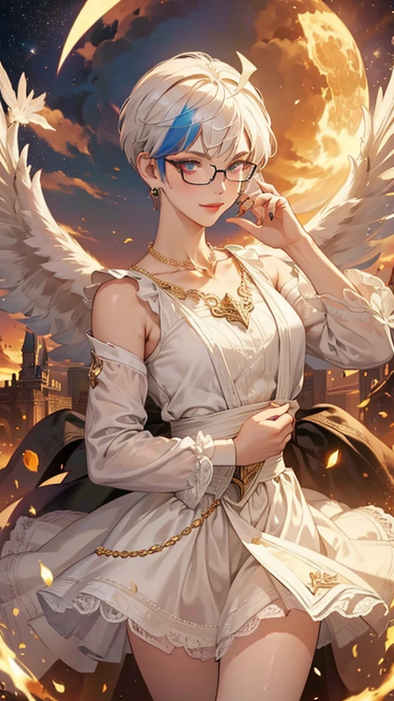 8k, masterpiece, best quality, highly detailed, 1 girl, tiefling, paladin, devil horns, pixie cut, multicolored hair, very short straight hair red highlight hair on white hair, strippled hair, wearing glasses, round glasses, earrings, red eyeshadow, long eyelashes, blushed cheek, red lips, pearl necklace, rings, collarbone, mole on face, glamorous, white and gold clothes, sleeveless, laced dress, miniskirt, smirk, close up view, rings, looking at viewer, solo, holding sword, sword point to the sky, starry sky, radiant gold moon, standing, golden halo, white lace gloves, heavenly scene, halo, holy palace in background.