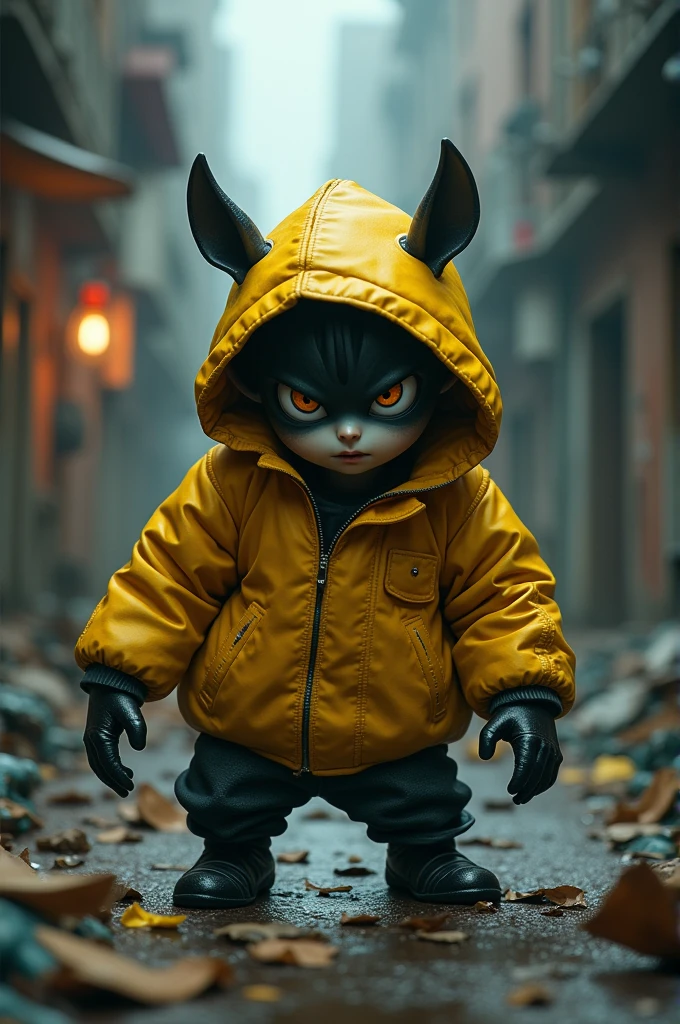 My body is a banana、Black cat face、Green Eyes、The limbs are growing、The background is a forest、Scared、Wearing a banana costume、Eyes々Crisp、Curly eyelashes