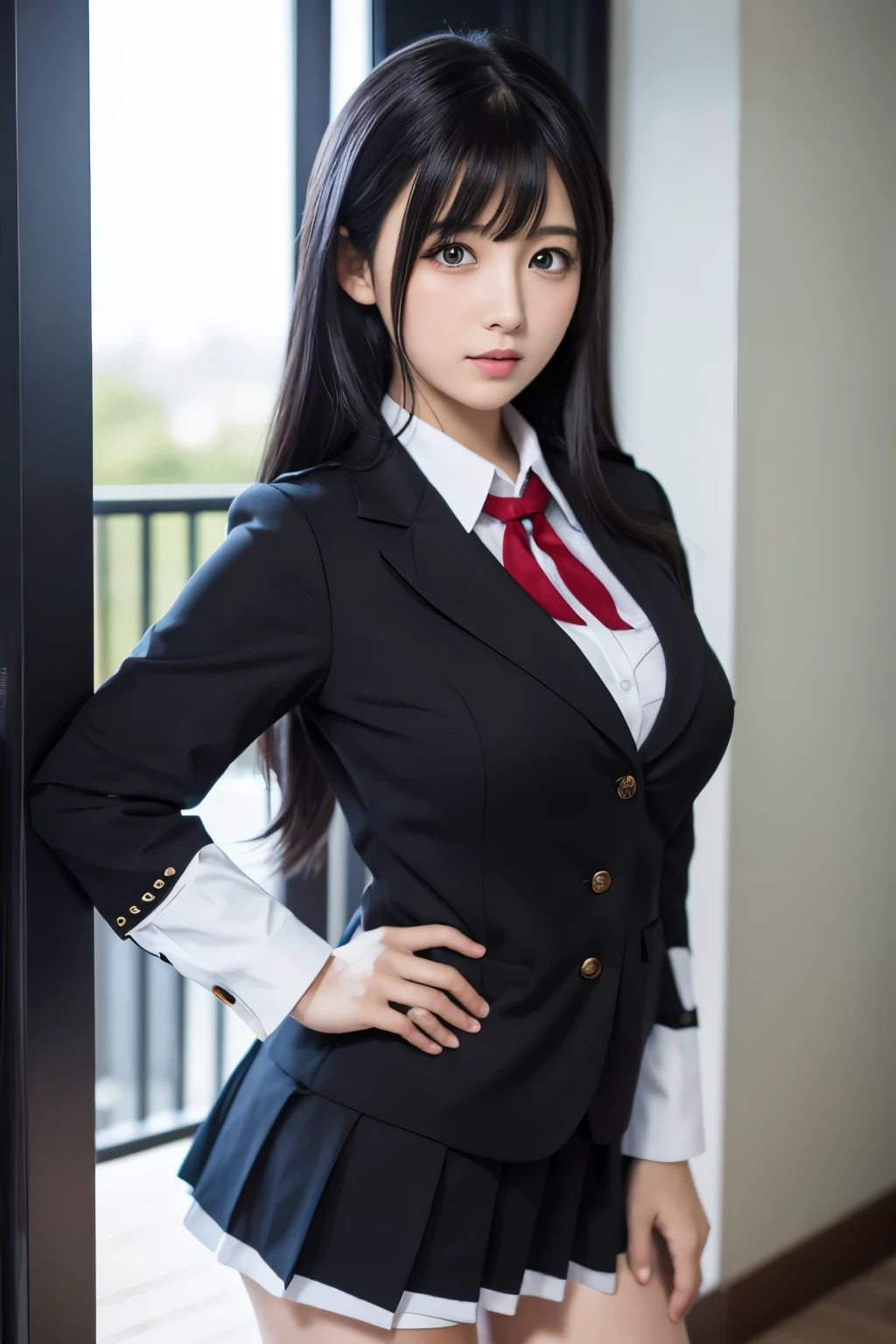 Girl, looking at the camera from above, looking up, smiling, twin tails, black hair, uniform, blazer type uniform, standing, one arm raised