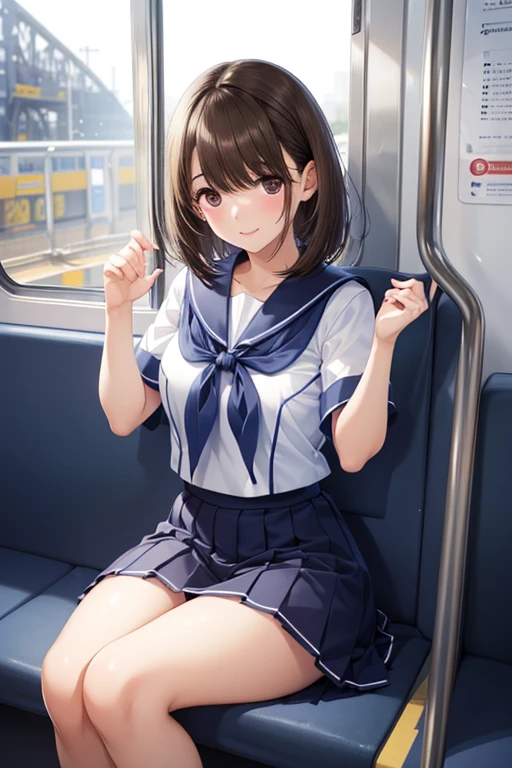 NSFW、(((Masterpiece、Detailed、Realistic texture、Tabletop)))、((Brown Hair、short hair、blue eyes))、((Big Breasts))、(((Inside a crowded train、hot)))、(((White short sleeve shirt)))、(((Sweat)))、(((Sweat染み)))、(((Clothes get wet)))、(((Body odor)))、(((Blue tie、Navy Skirt、Navy blue socks、Brown Loafers)))、(((Spread your legs)))、(((Detailed膣)))、(((Overflowing love juice)))、Angle from below、(((Flip up your skirt)))