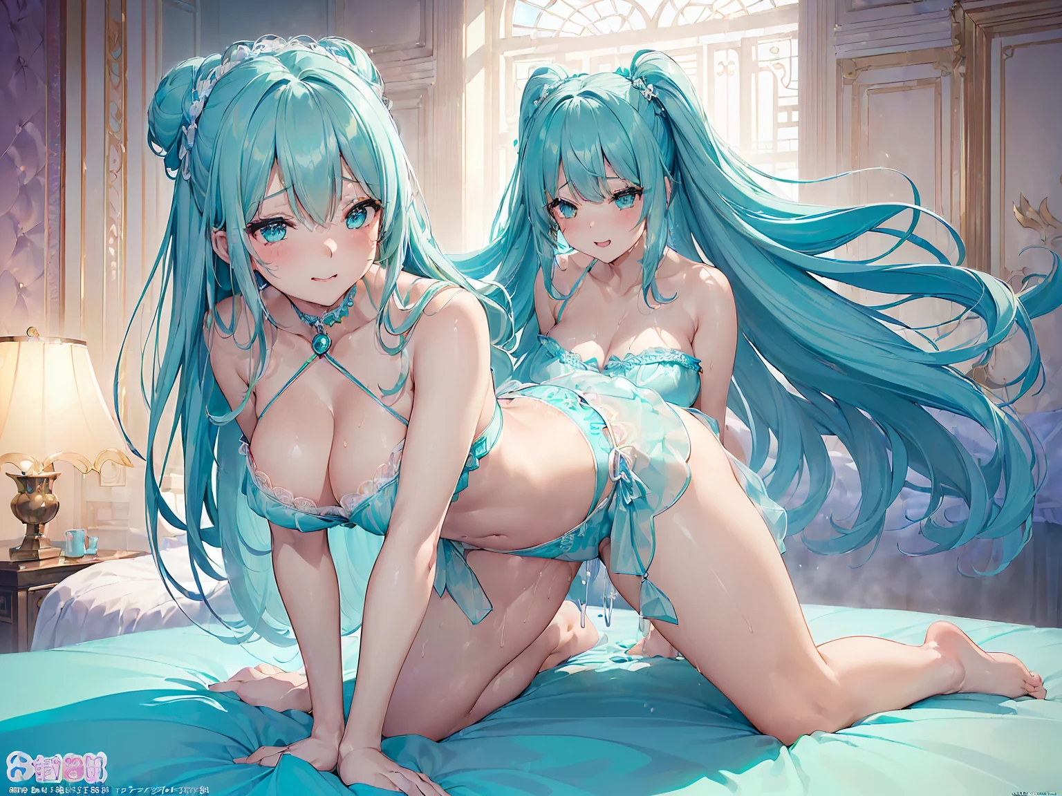 (1 girl),(high quality), (High resolution), (extremely detailed), (8K),(focus on lower body),(CG)、goddess of the sea、goddess outfit、transparent costume、blue dress、Magic Mentor、sexy panties、(black knee high stockings:1.2)、nipple shape、No shoes、neutral white lighting,sexy pose、showing panties、Hatsune Miku、Sitting with your back to you、fantasy world