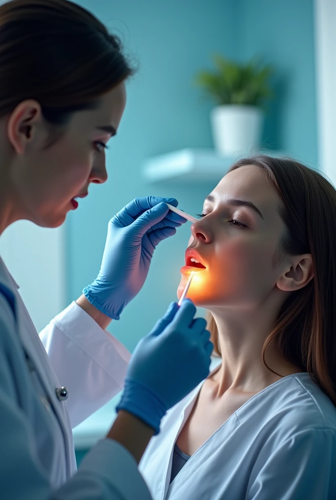Gynecologist doctor opening the pussy of her young naked teenage patient lying on the table with her right hand in her mouth and her fingers between her teeth while her mother takes care of her