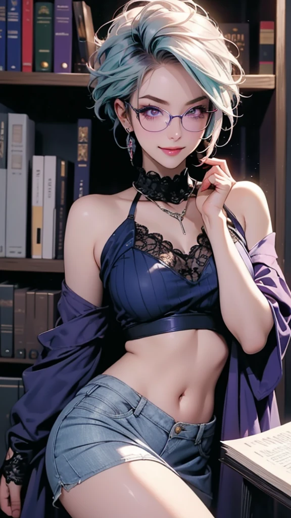 (8k, masterpiece, best quality, highly detailed, ultra detailed, absurdres ), 1 girl, tiefling, (warlock with intricate designed outfit, sexy, seductive, blue and purple base) , multicolored hair, very short straight hair green highlight hair on white hair, striped hair, wearing glasses, round glasses, earrings, red eyeshadow, long eyelashes, navel piercing, blushed cheek, necklace, collarbone, high heels, mole, glamorous, purple and blue clothing, villainy, smile , seductive face, full body view, rings, looking at viewer, standing, solo, hand touching cheek, library, black lace gloves, holding book, miniskirt.