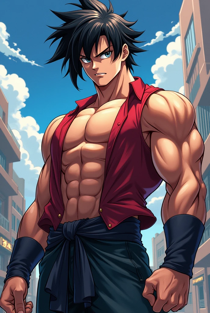 a young male, 18 years old, lightly tanned skin, athletic body, {{{short, spiky black hair with three red streaks}}}, blue eyes, {{{with an extremely torn red shirt}}}, {{ {showing chest} }}, {{{black shorts}}}