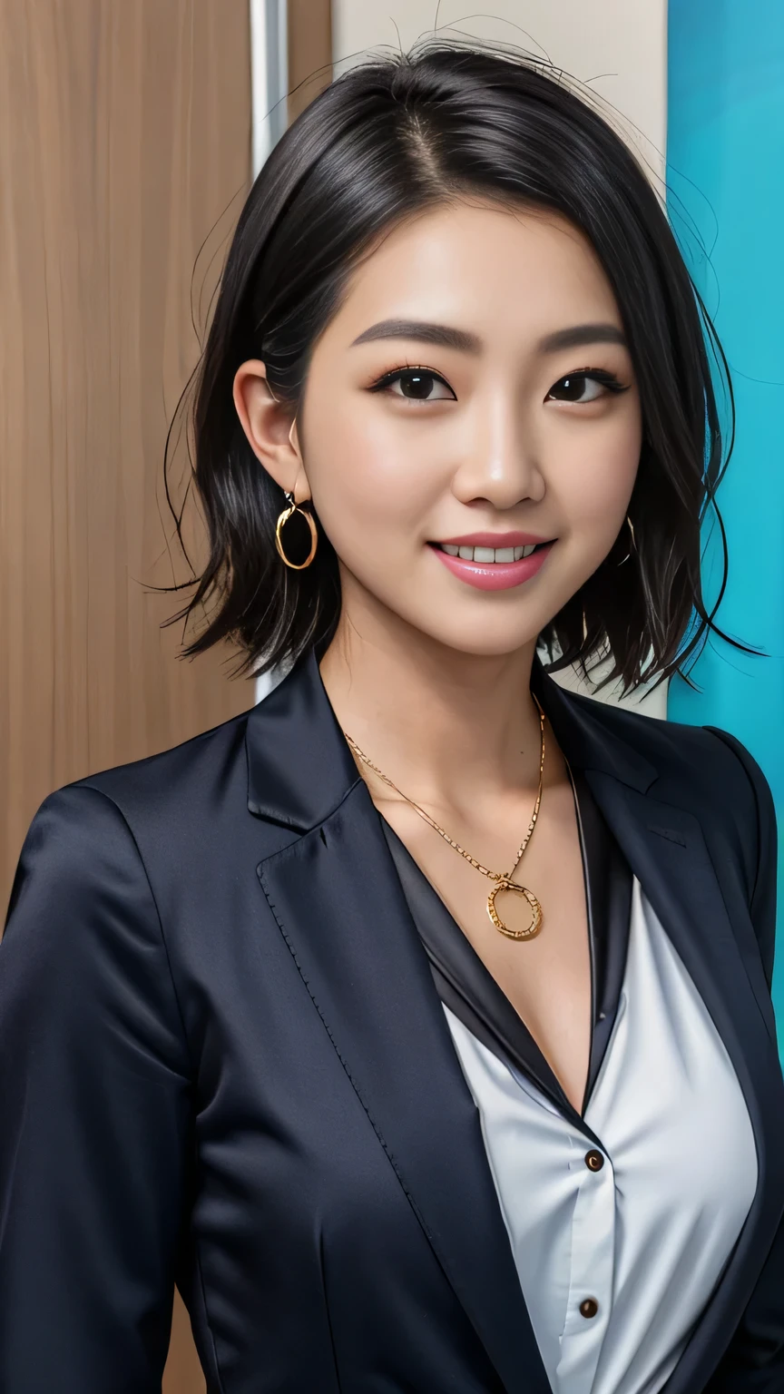 RAW Photos, High resolution, Very detailed, Intricate details, 、ear piercing、、short hair、Black Hair、ウェーブのかかった髪、Office Lady Suits 、Jacket、shirt、、、Heavy makeup、Necklace around the neck、, The background is the office
