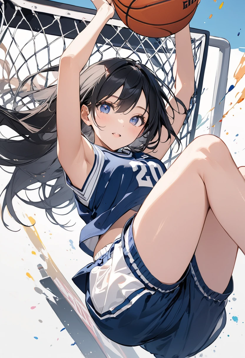 (gigantic breasts), (vulgarity)) ((large areolae)) (1girl), (vulgarity) (in heat) (sweat) (masterpiece) (high resolution)) (gigantic breasts),(1girl) beautiful girl,(cameltoe)(((gigantic breasts))),Basketball player a cartooned woman wearing a basketball jersey is holding a basketball in mid air, breasts, covered nipples, gigantic breasts, basketball, cameltoe, thighhighs, arms up, long hair, black hair, skirt, huge breasts, sportswear, skindentation, 1girl, partially visible vulva, solo focus,1girl, playing basketball, basketball court