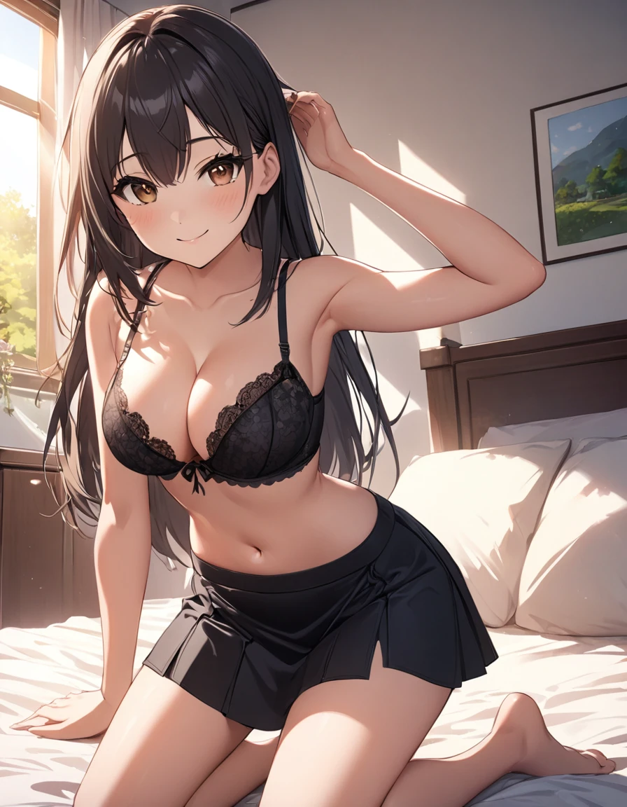 4k, bestquality, detailed, detailed scenery, detailed eyes, 1Girl, cute, adorable, straight hair, long hair, black hair, brown eyes, cleavage, smiling, looking at the camera, morning, sunlight, at my bedroom, Kneeling pose, bra, High-Slit mini Skirt, (bare navel:1.2)