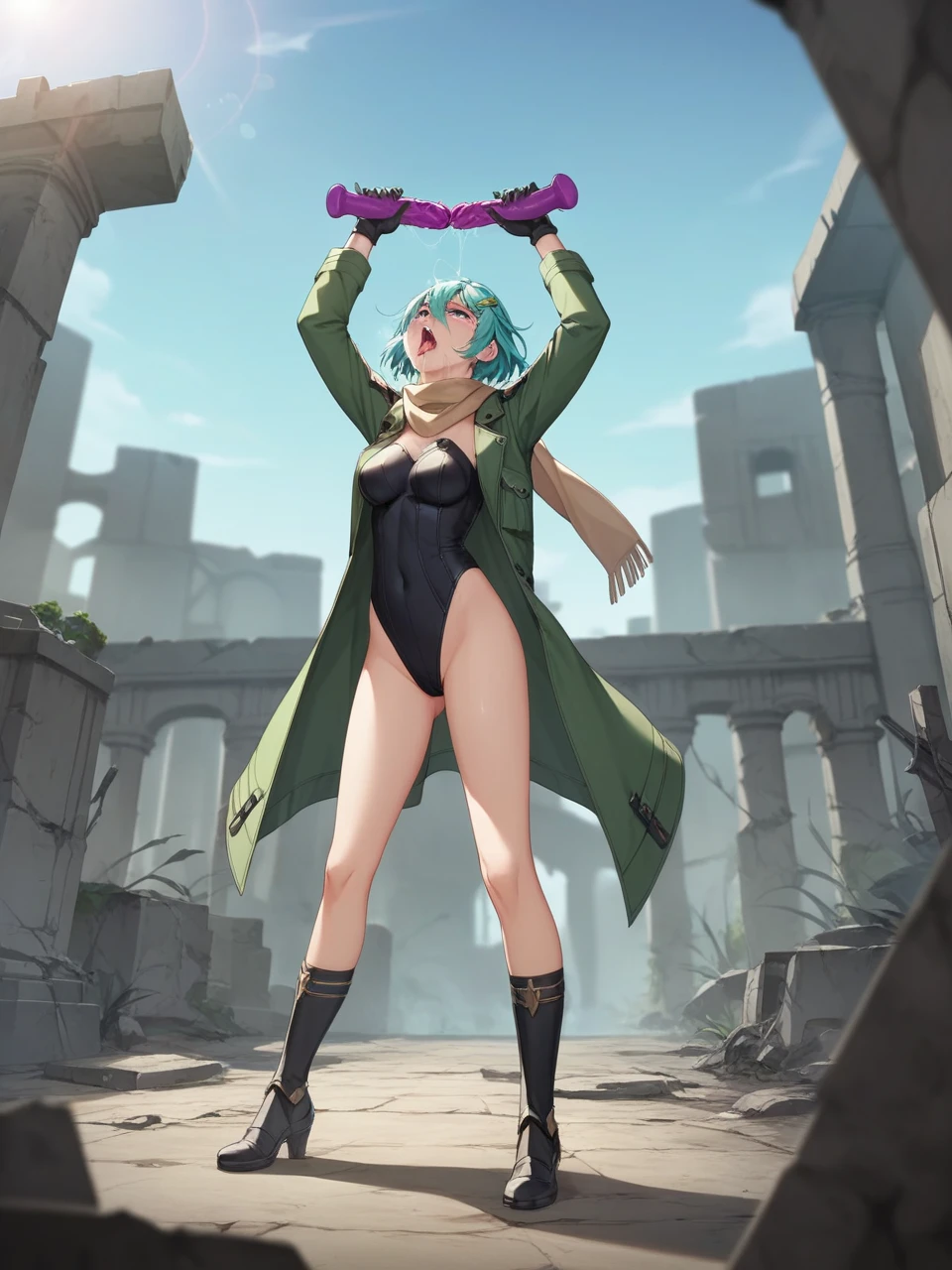1 skinny girl, solo, light blue hair, (red and purple heterochromia), (red left eye and dark purple right eye:1.4), bending back, looking at viewer, BREAK, black plunging neckline short dress, dark yellow cropped jacket, black thighhighs, BREAK, (bouncing unaligned huge breasts:1.5), cleavage, very short torso, (inconceivably narrow waist), thin long legs, BREAK, holding a spear, BREAK, {nsfw:0.6}, (show off crotch:1.4), desert, desert storm, strong wind, rocks at background