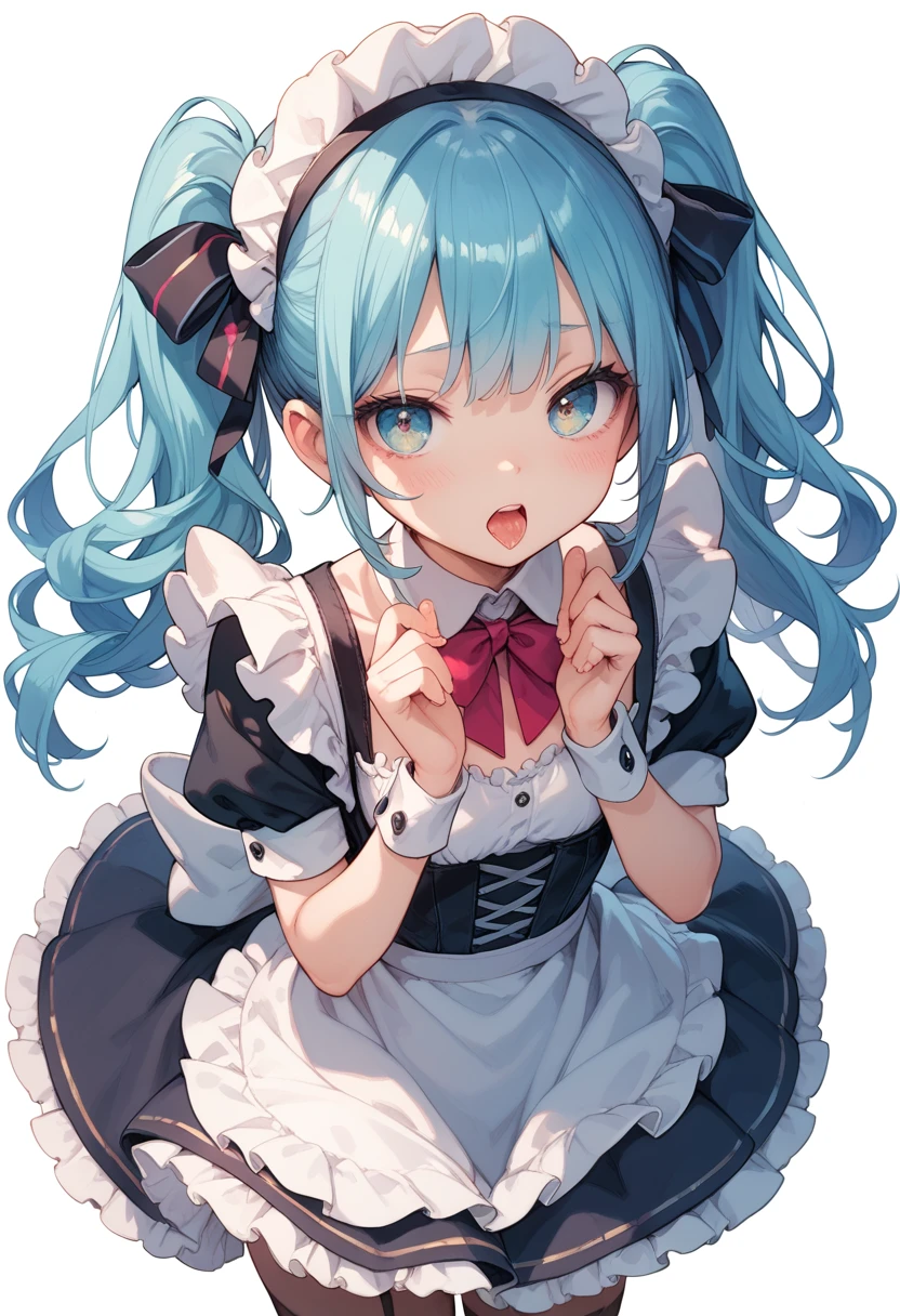 A girl with twin tails wearing a maid outfit begging