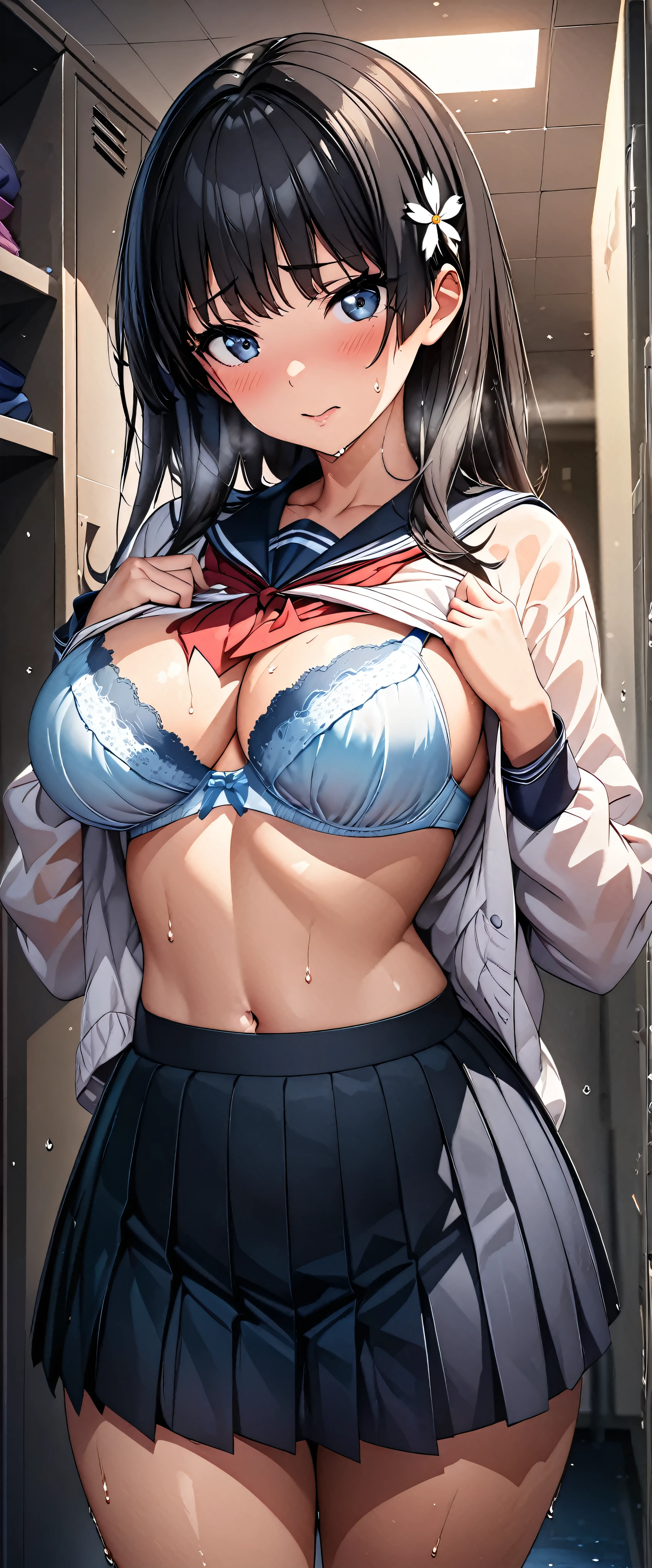 (((masterpiece)))、((Highest quality))、(Ultra-detailed)、(CG illustration)、(Very beautiful woman))、Cinematic Light、((1 Female))、 、(Beautiful and luxurious:1.2)、(One Girl:1.3),,1,locker room,Sailor suit((Changing clothes,Skirt half-removed)),cute bra,View from the front,Saten Ruiko,Wet with sweat,Big Breasts,blush