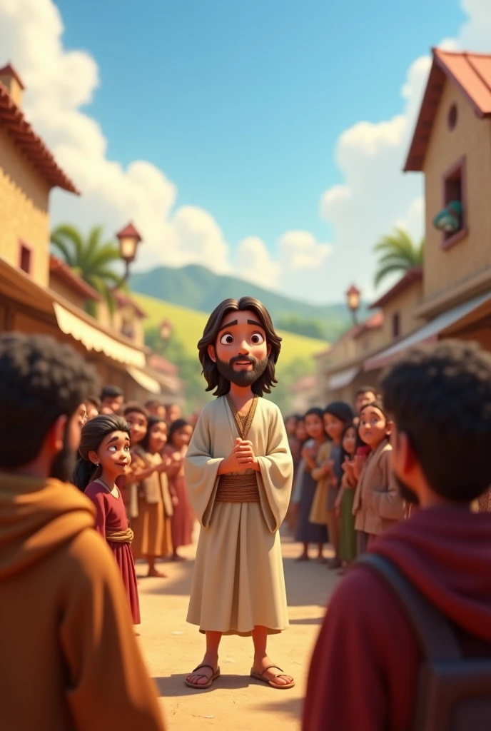 A 3D movie poster in Disney-Pixar style of Jesus as a teenager playing with his friends.