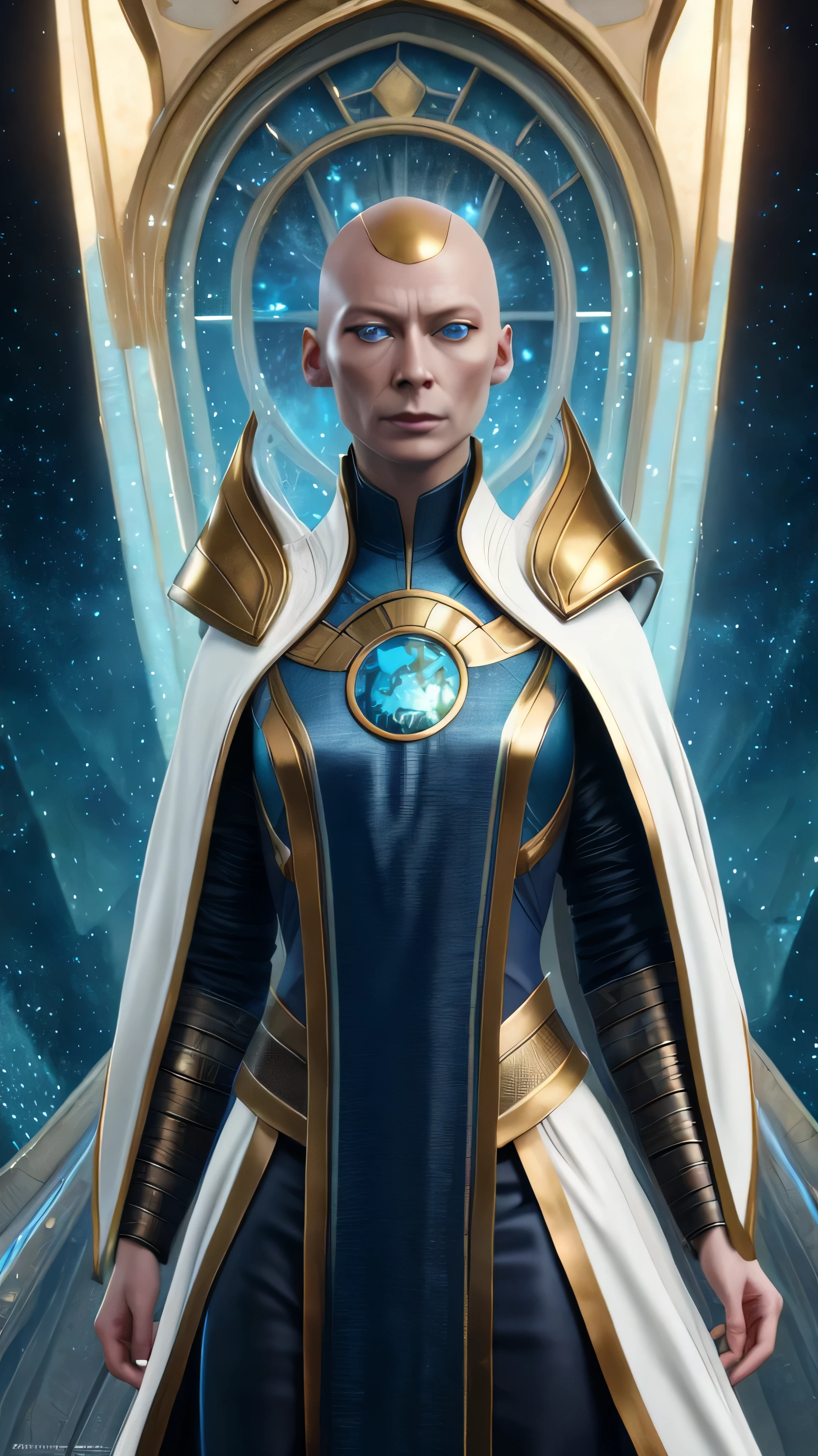 (Tilda Swinton) as Kronika from Mortal Kombat, blue eyes, black sclera, bald, gold head cap, white robe, shoulder armor, long sleeves, pelvic curtain, standing, smug, abyss, milky way, (insanely detailed, beautiful detailed face, masterpiece, best quality), cinematic lighting, 1woman, solo, full body view, front view, looking at viewer, intricate, high detail, sharp focus, dramatic, photorealistic painting art by greg rutkowski