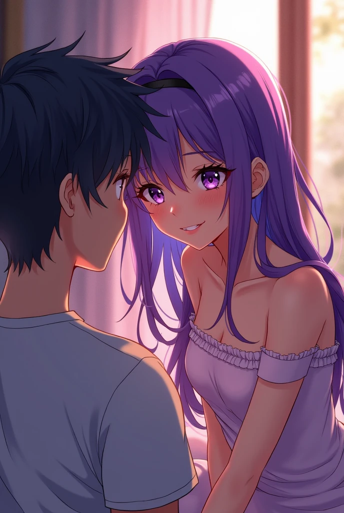 A couple has sex ON bed, sexiest highschool Girl with very short purple Hair on ear Level, Green eyes, fat eyelashes, fat lips, in White underwear, thicc Body, large breasts, lying with the Back in the bed, in the top an average male high school student, He is very skinny, has black Hair, living room, Anime style