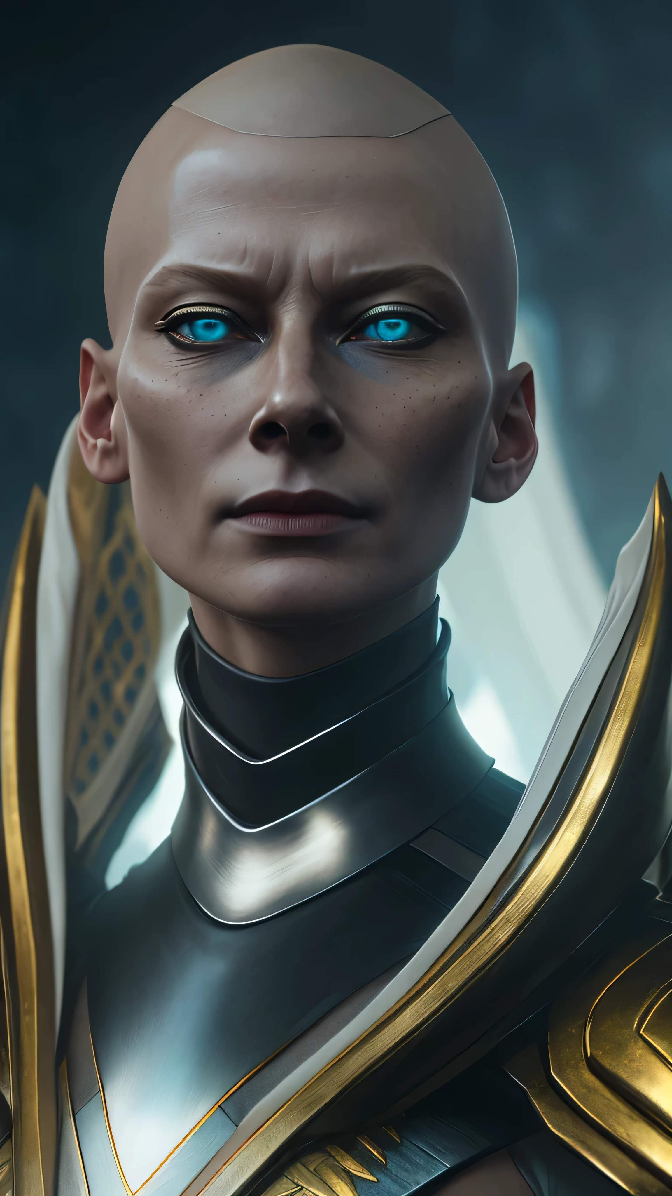 (Tilda Swinton) as Kronika from Mortal Kombat, blue eyes, black sclera, bald, gold head cap, makeup, white robe, shoulder armor, long sleeves, pelvic curtain, standing, smug, abyss, milky way, (insanely detailed, beautiful detailed face, masterpiece, best quality), cinematic lighting, 1woman, solo, full body view, front view, looking at viewer, intricate, high detail, sharp focus, dramatic, photorealistic painting art by greg rutkowski