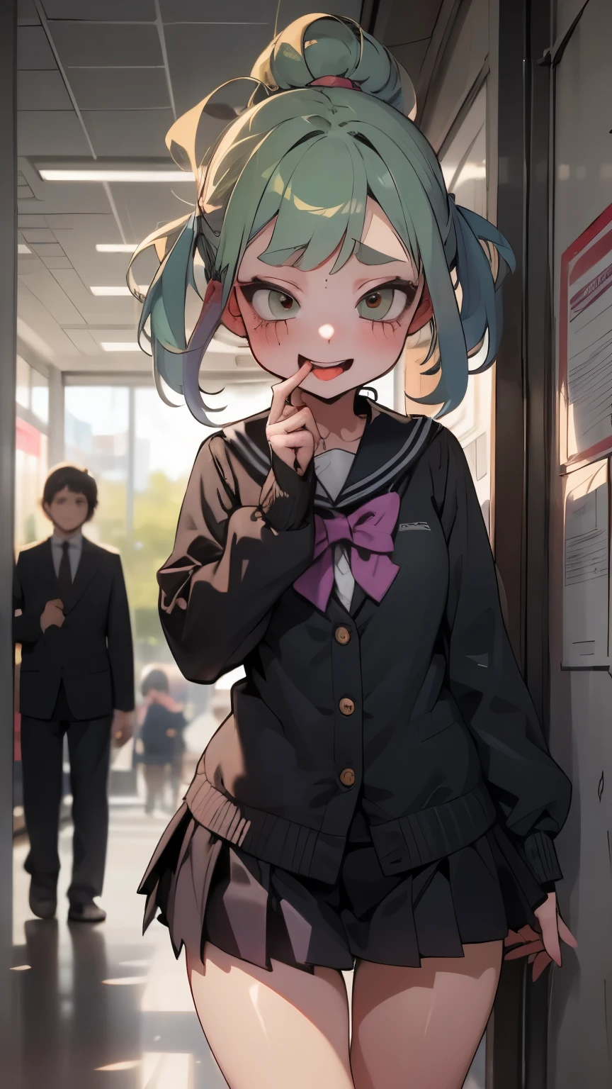 (Elementary school girl:1.3)、pastel green hair、ponytail、teach　Wide school corridor、Laughter、((Femme fatale、Pervert girl))、Inside a public restroom