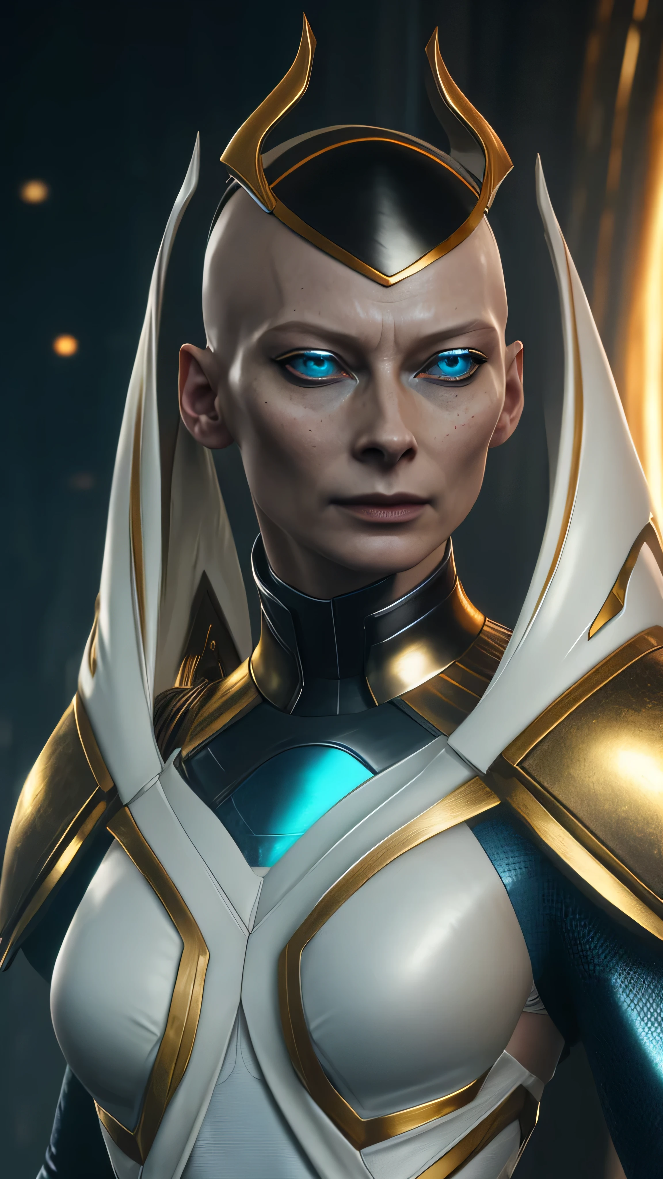 (Tilda Swinton) as Kronika from Mortal Kombat, blue eyes, black sclera, bald, gold head cap, makeup, white robe, shoulder armor, long sleeves, pelvic curtain, standing, smug, abyss, milky way, (insanely detailed, beautiful detailed face, masterpiece, best quality), cinematic lighting, 1woman, solo, full body view, front view, looking at viewer, intricate, high detail, sharp focus, dramatic, photorealistic painting art by greg rutkowski